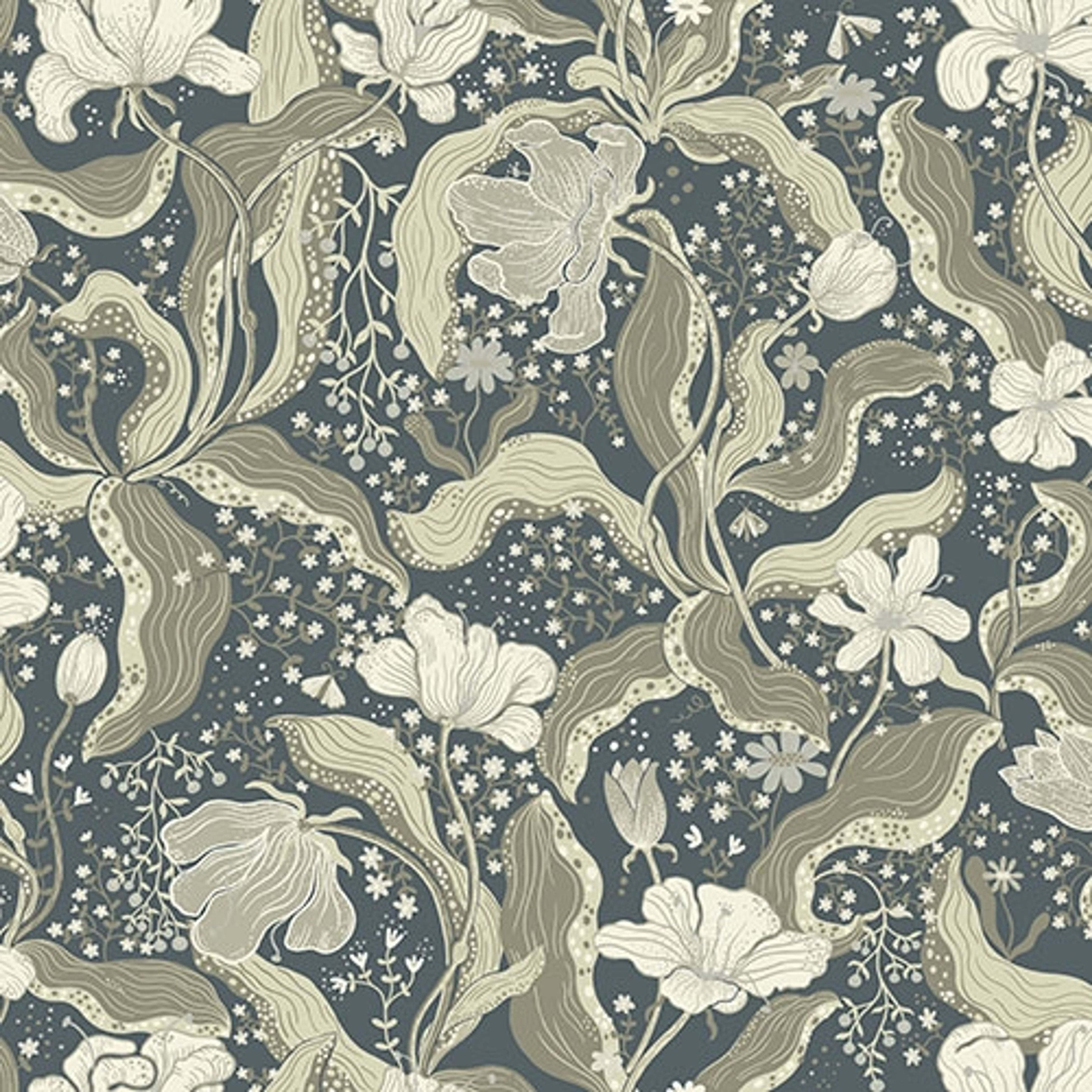 Bodri blommor och blad i grått och beige tapet med blommigt mönster i grå och beige. Från kollektionen Lina 2. Nonwoven-material med förskjuten passning.