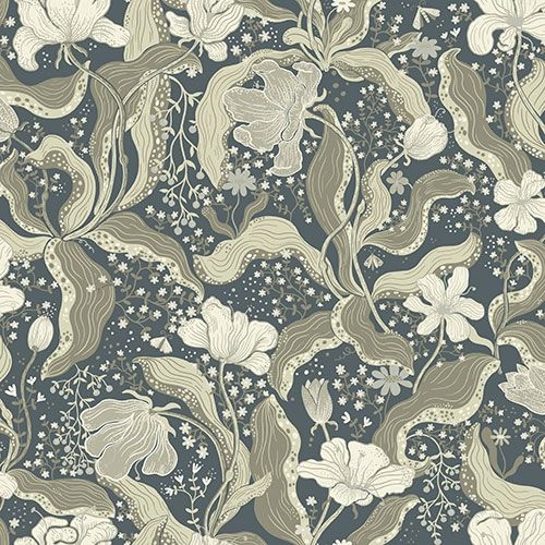 Bodri blommor och blad i grått och beige tapet med blommigt mönster i grå och beige. Från kollektionen Lina 2. Nonwoven-material med förskjuten passning.