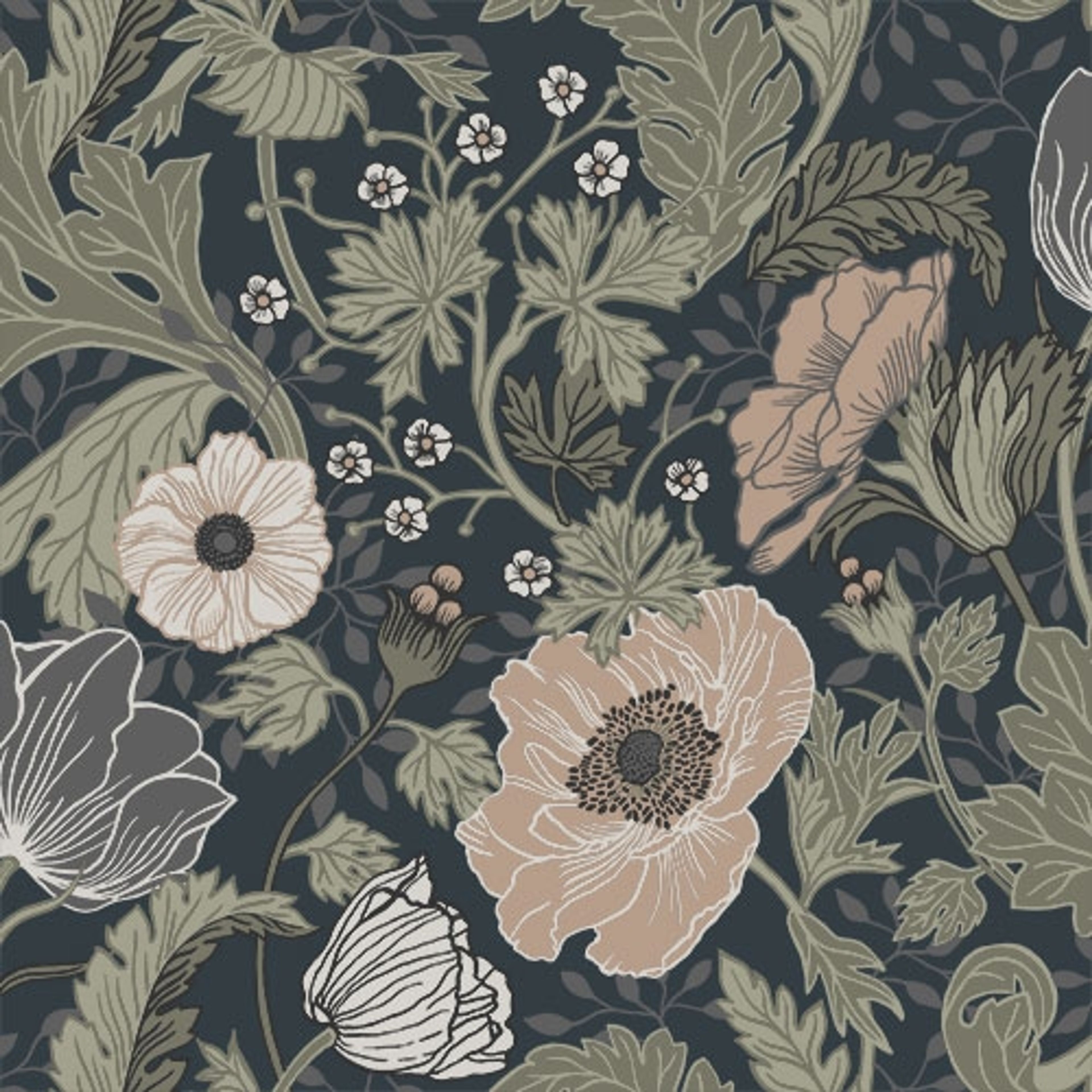 Anemone storblommig, mörkblå tapet med botaniskt, blommigt mönster i blå. Från kollektionen Grönhaga. Nonwoven-material med förskjuten passning. Country-stil. Passar i barnrum.