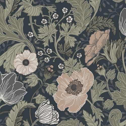 Anemone storblommig, mörkblå tapet med botaniskt, blommigt mönster i blå. Från kollektionen Grönhaga. Nonwoven-material med förskjuten passning. Country-stil. Passar i barnrum.