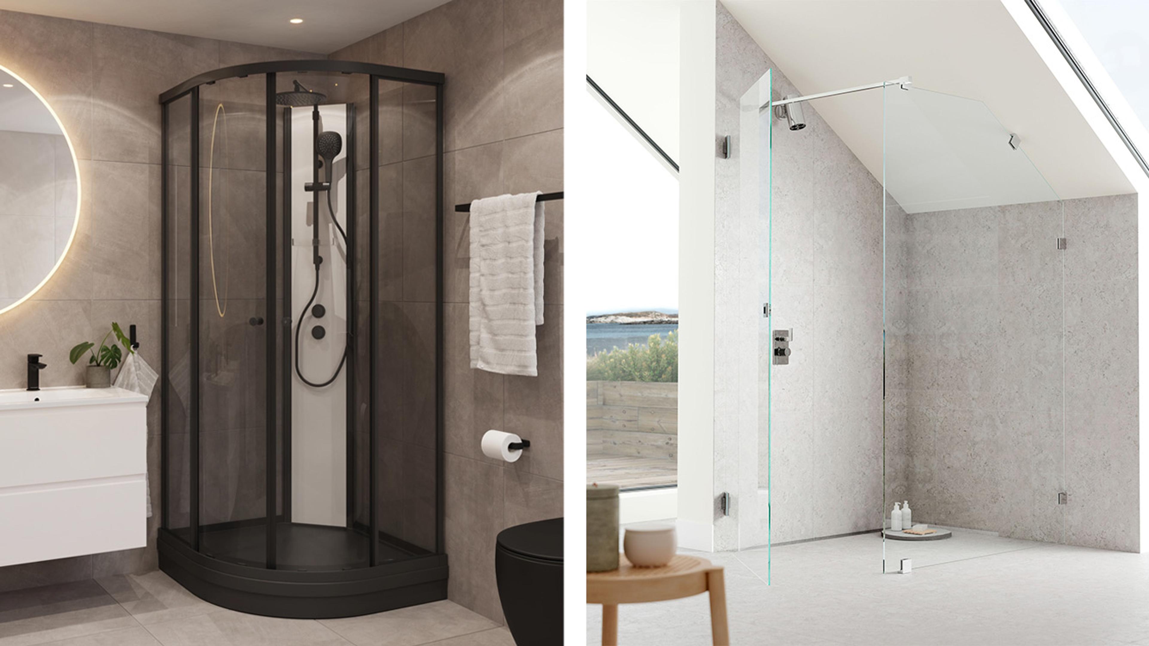 Baderomsmiljø med VikingBad Sofia dusjkabinett og INR ARC dusjvegg