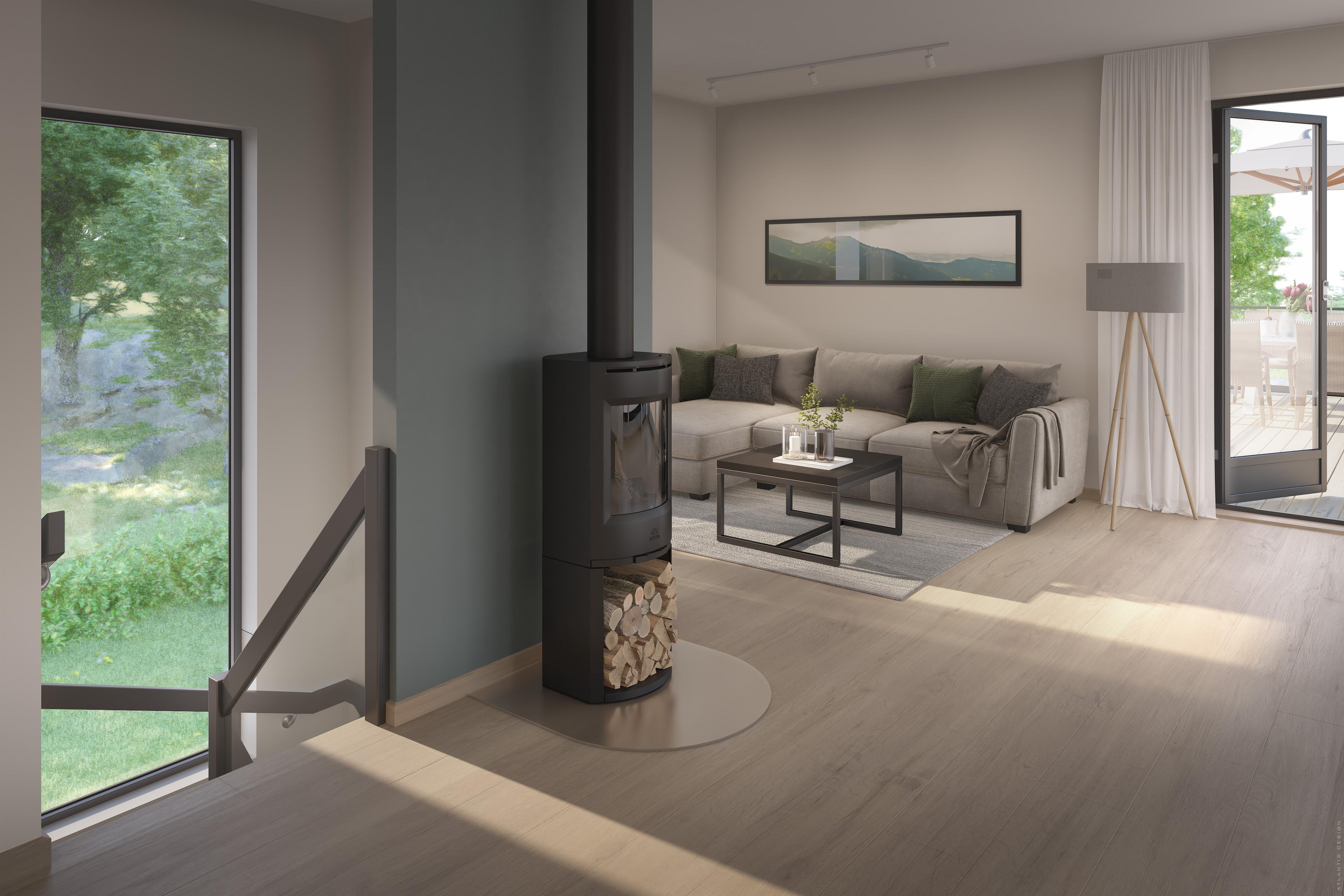 Store vinduer slipper lyset og naturen inn. 3D-illustrasjon
