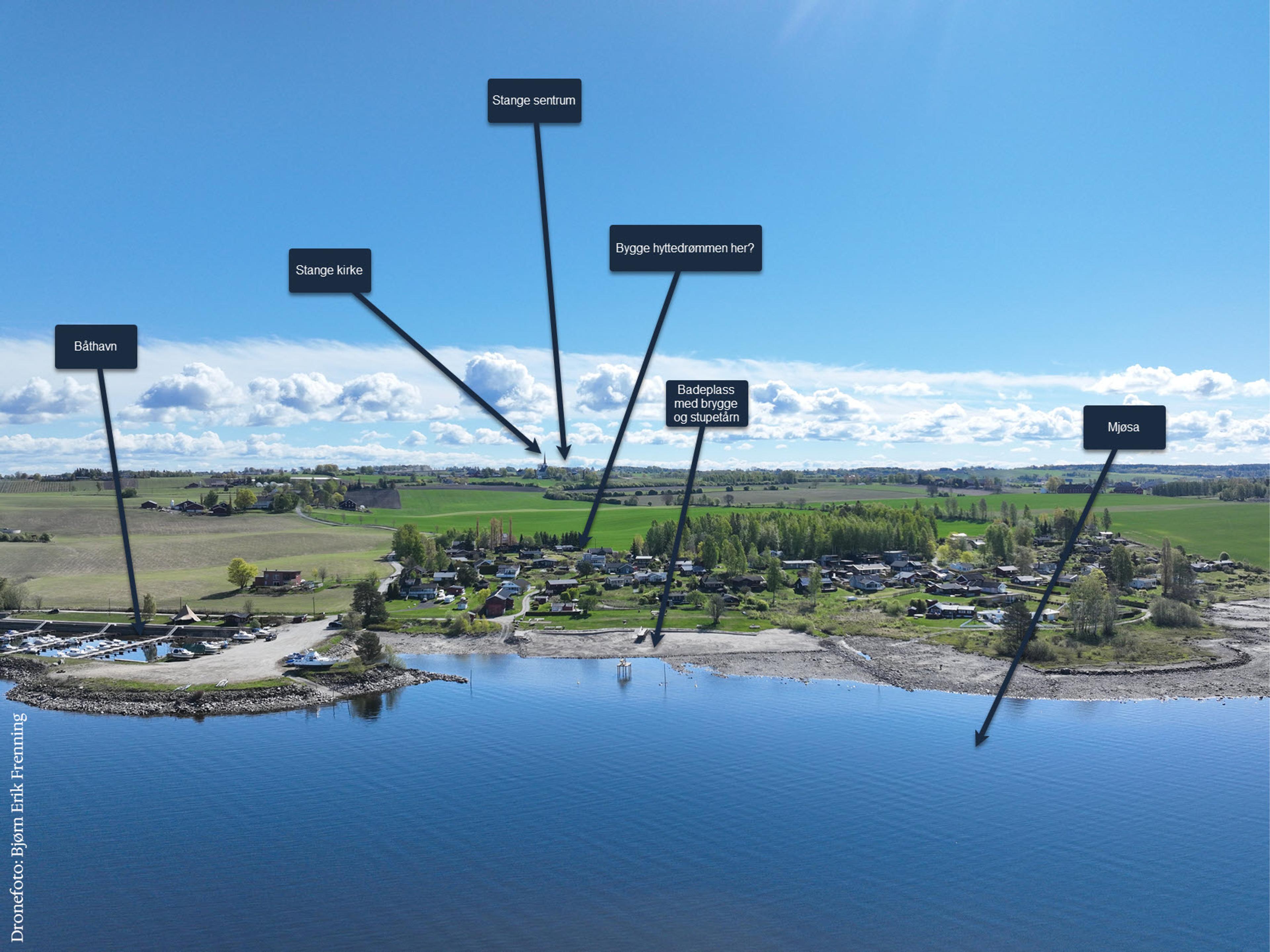 Gillundstranda. Dronebildet er tatt på våren når Mjøsa er lav