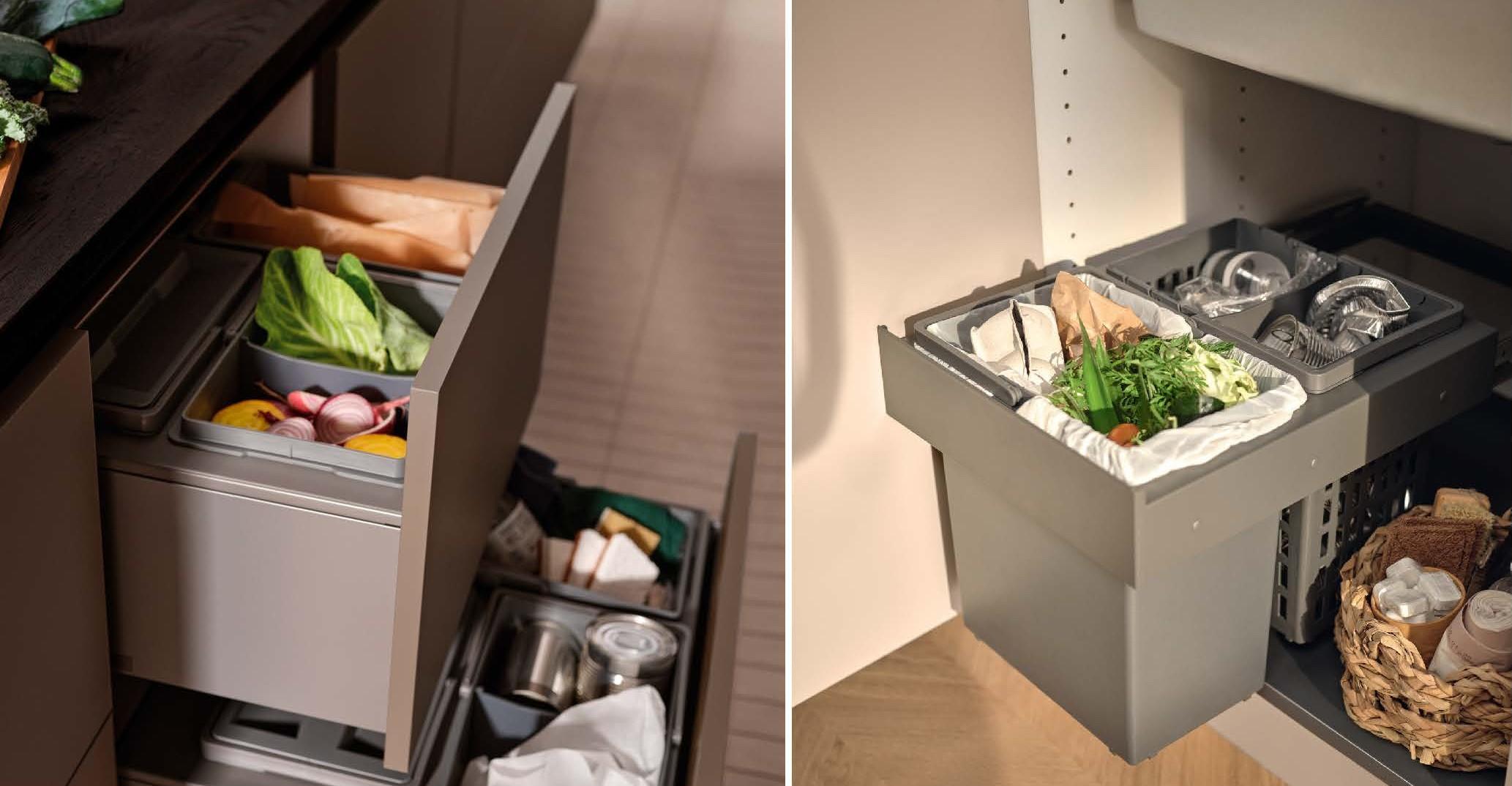 Avfallssortering i skuffeløsning (venstre) og avfallssystem i skap (høyre) fra HTH