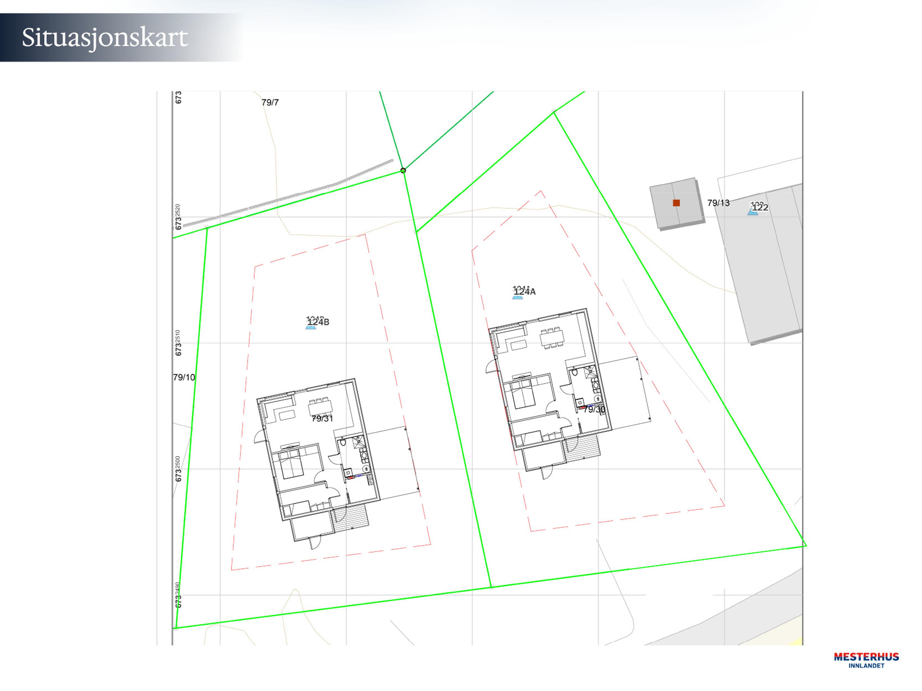 Situasjonskart med forslag til KVANT plassert på begge hyttetomtene
