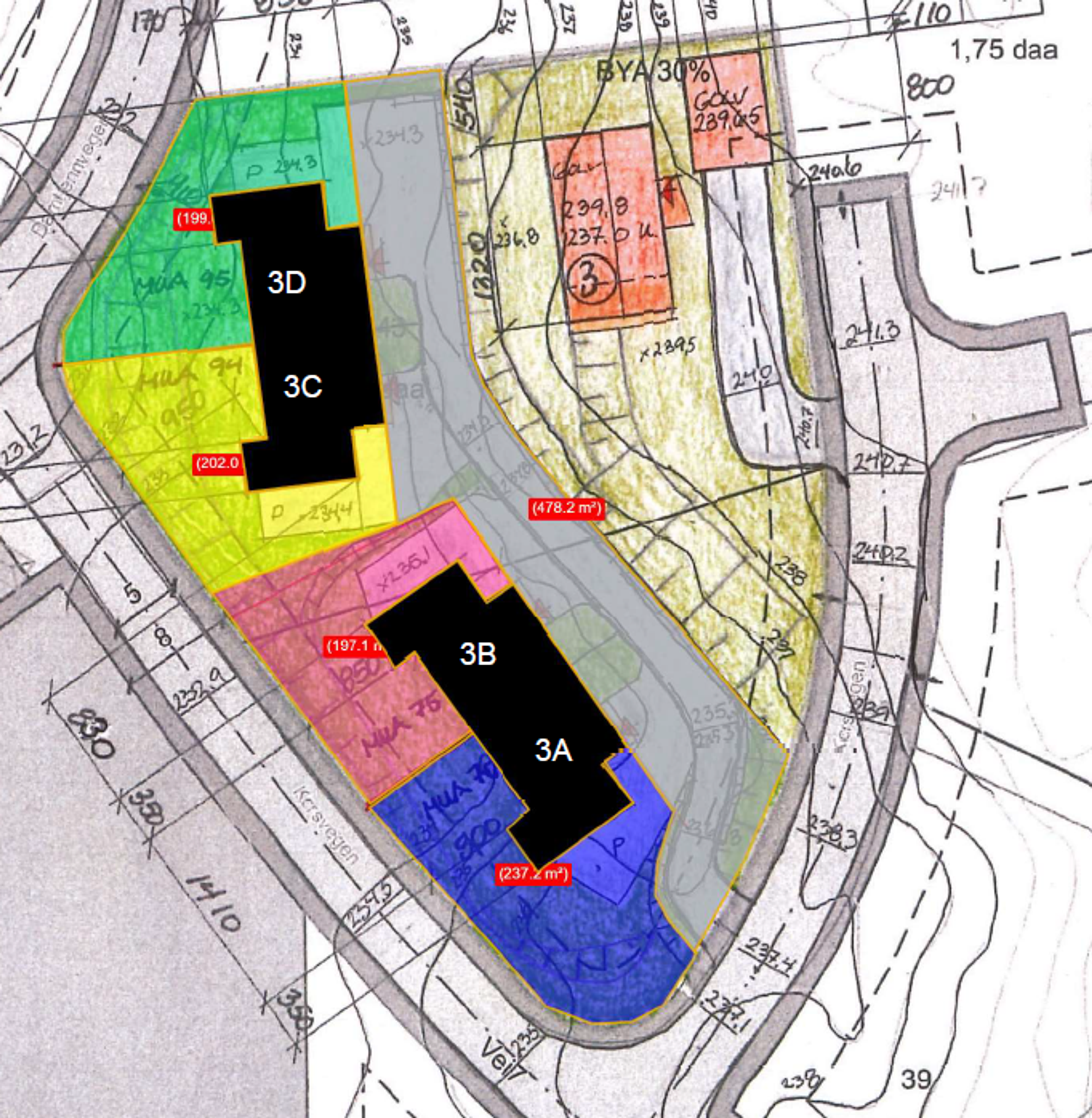 Kart som viser plassering av bolligene på tomten og hvor hvilke enheter ligger