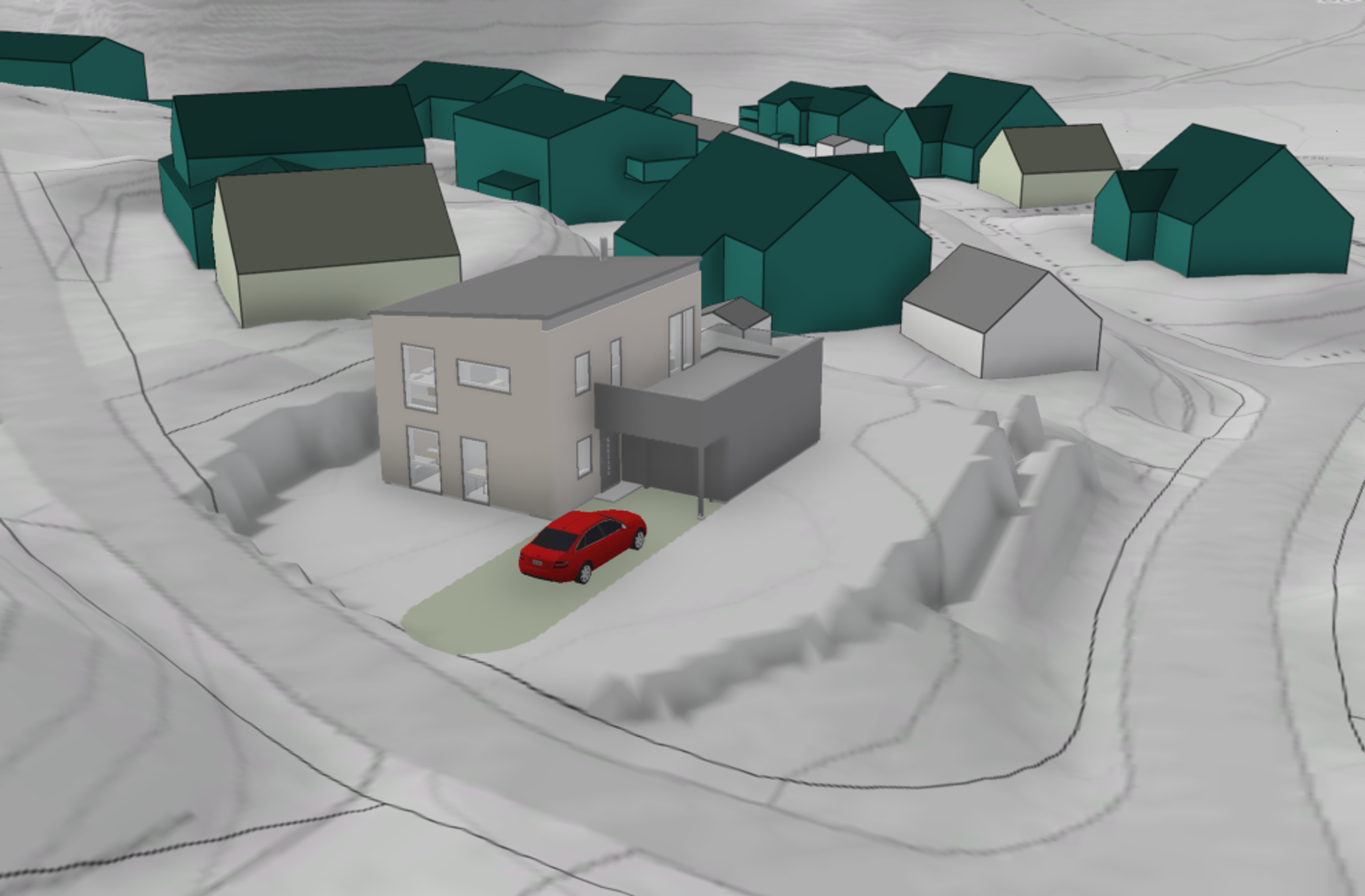 Visualisering av boligen på tomten