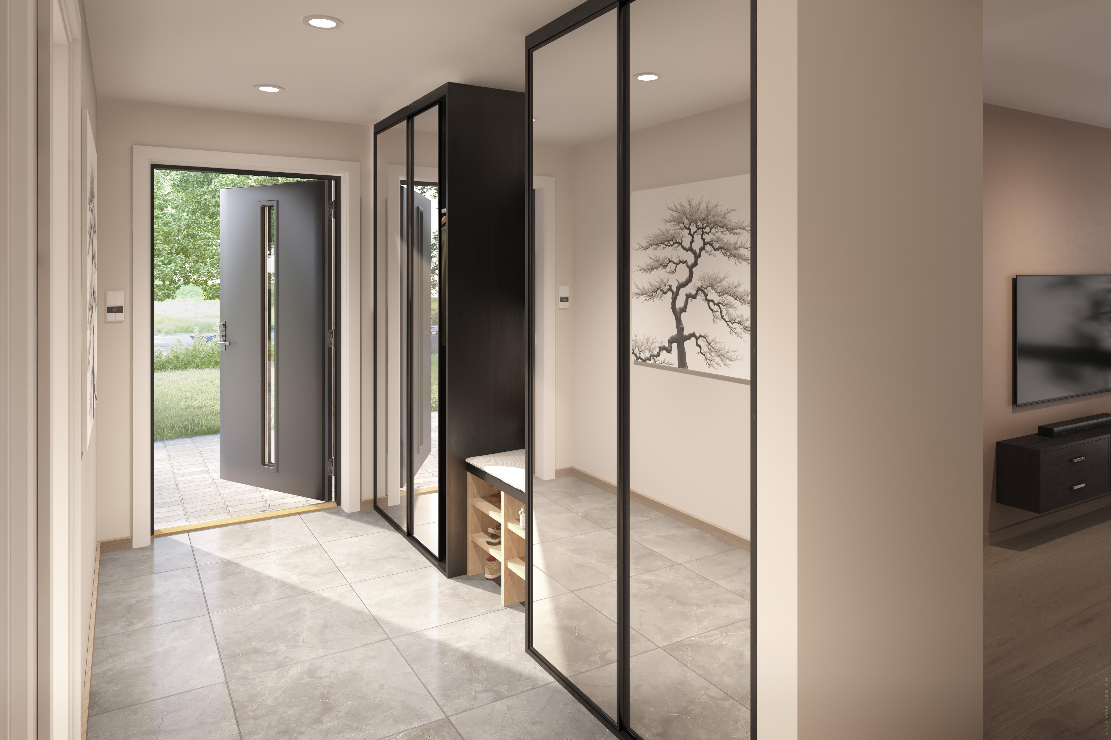 Entre med god plass til garderobe. 3D-illustrasjon