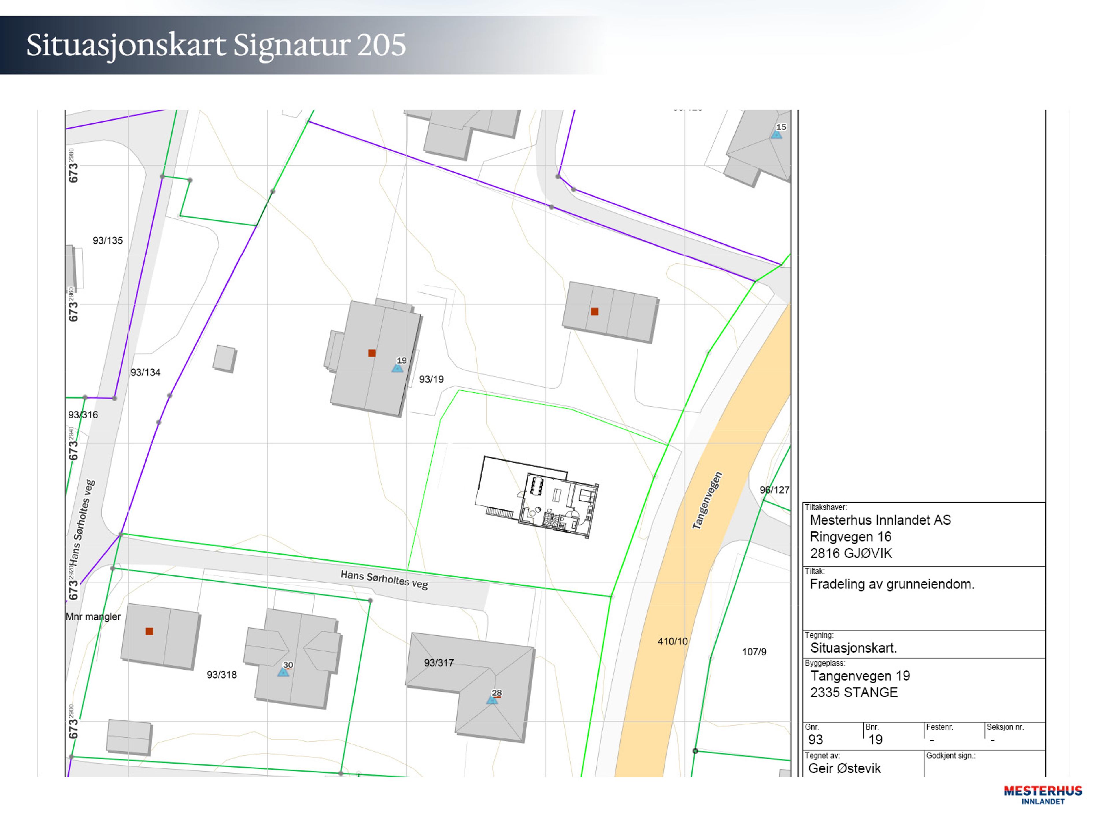 Situasjonskart med forslag til Signatur 205 plassert på tomt