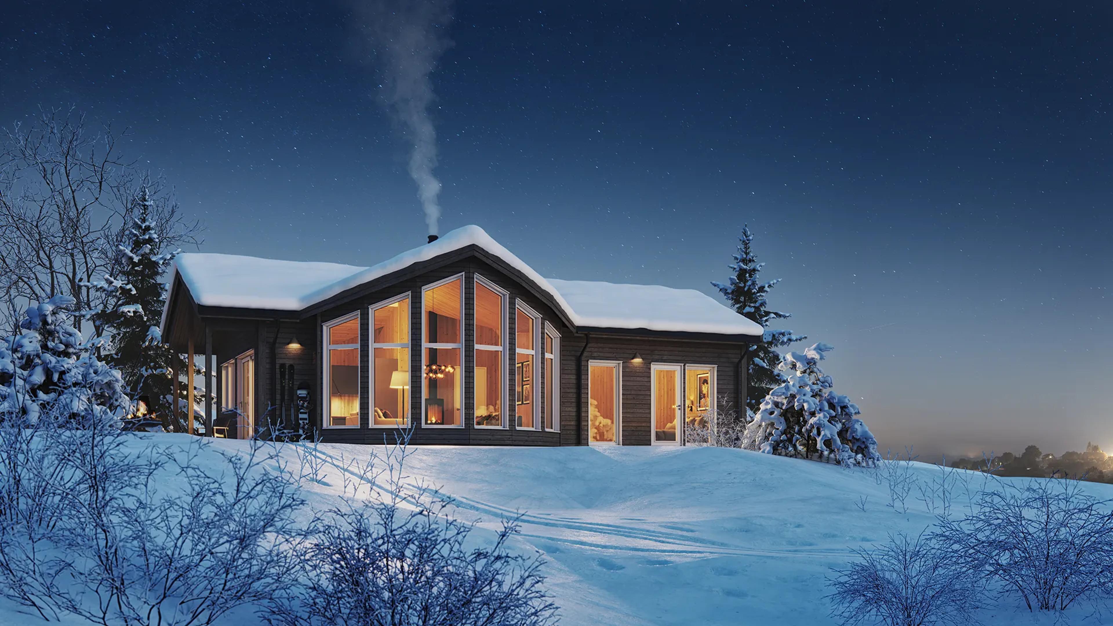 Panorama - Hytte med mye lysinnslipp og utsikt fra Mesterhus