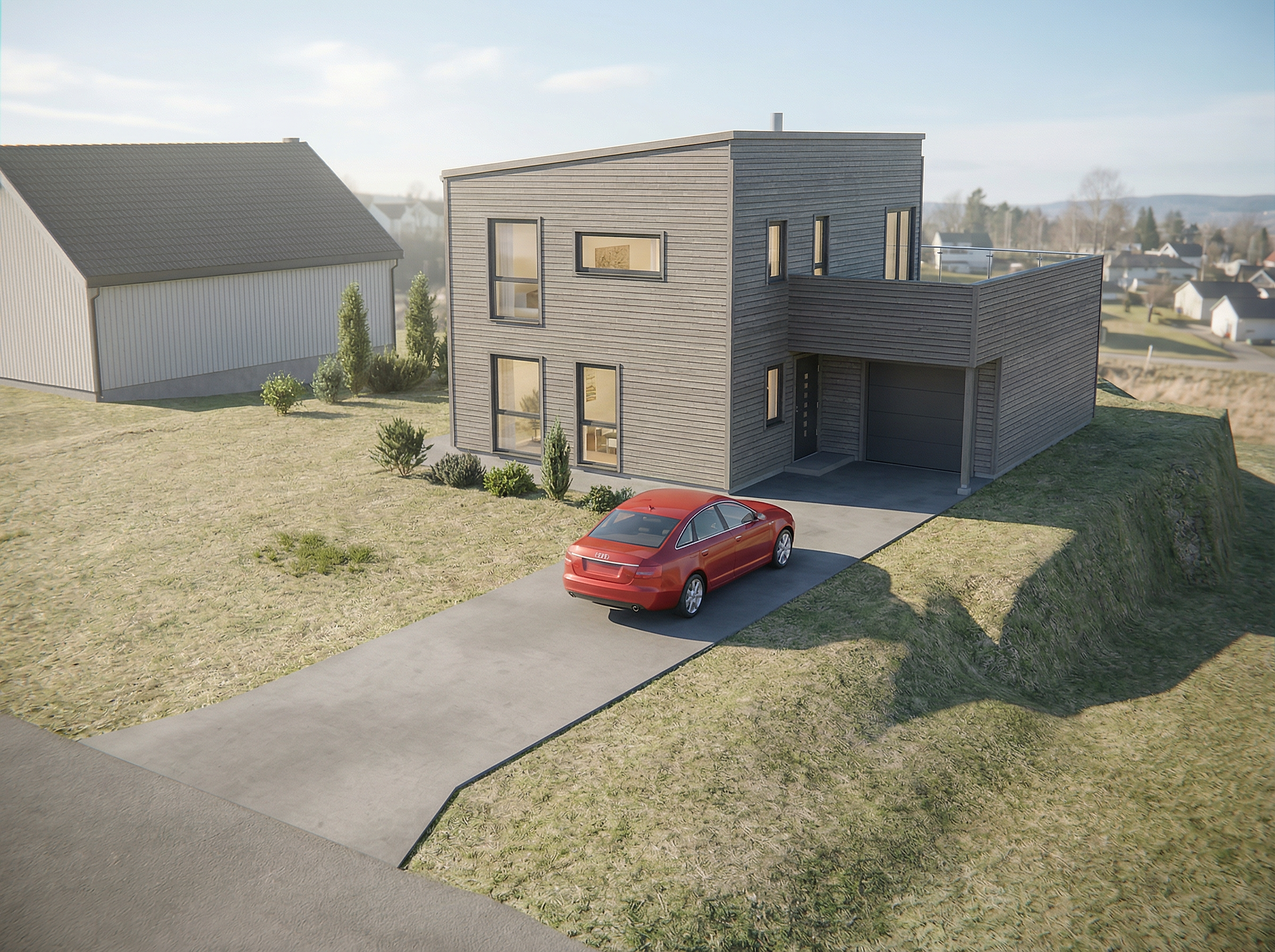 Visualisering av boligen på tomten
