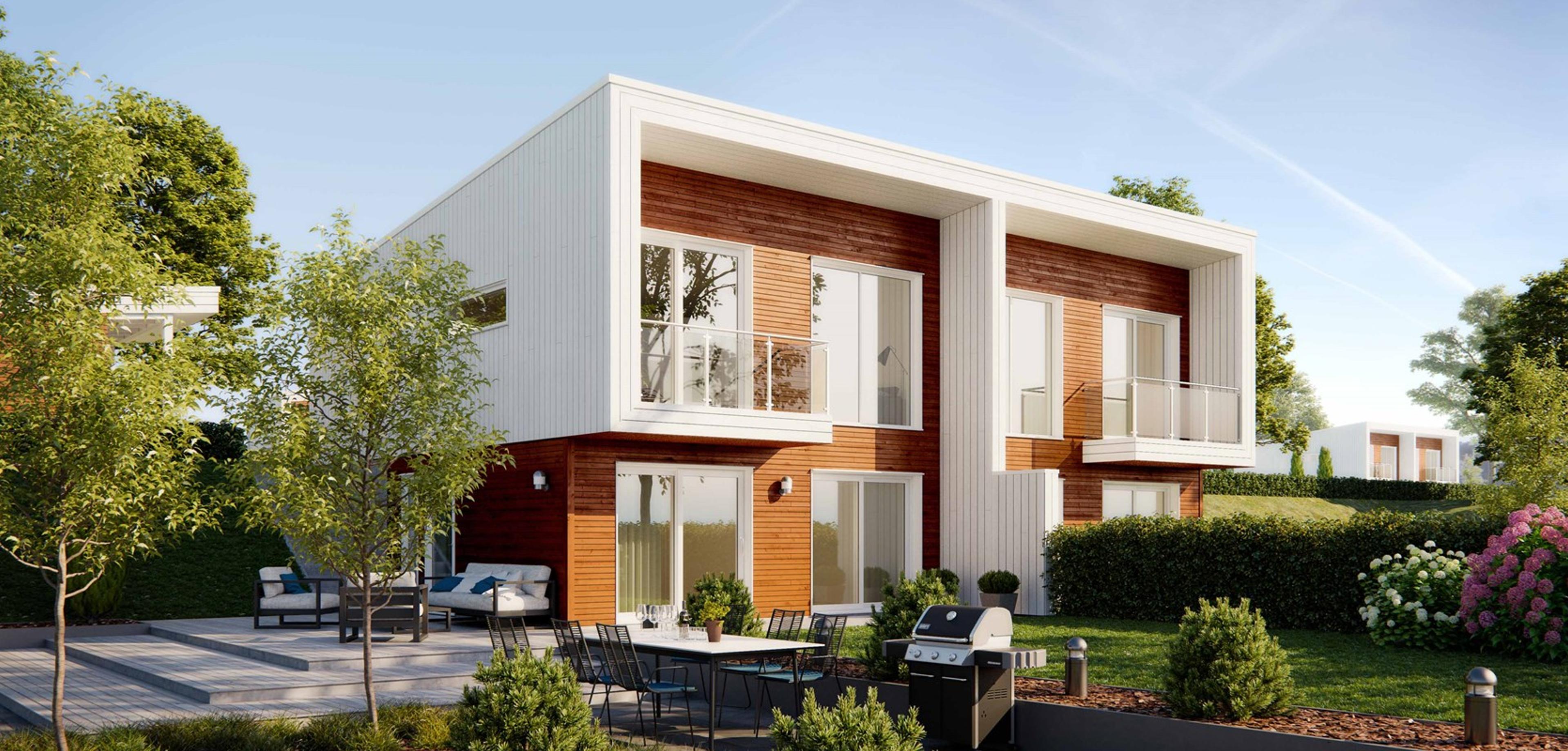 Signatur 300 er en funksjonell og innholdsrik tomannsbolig med et moderne design, rene linjer og pulttak.