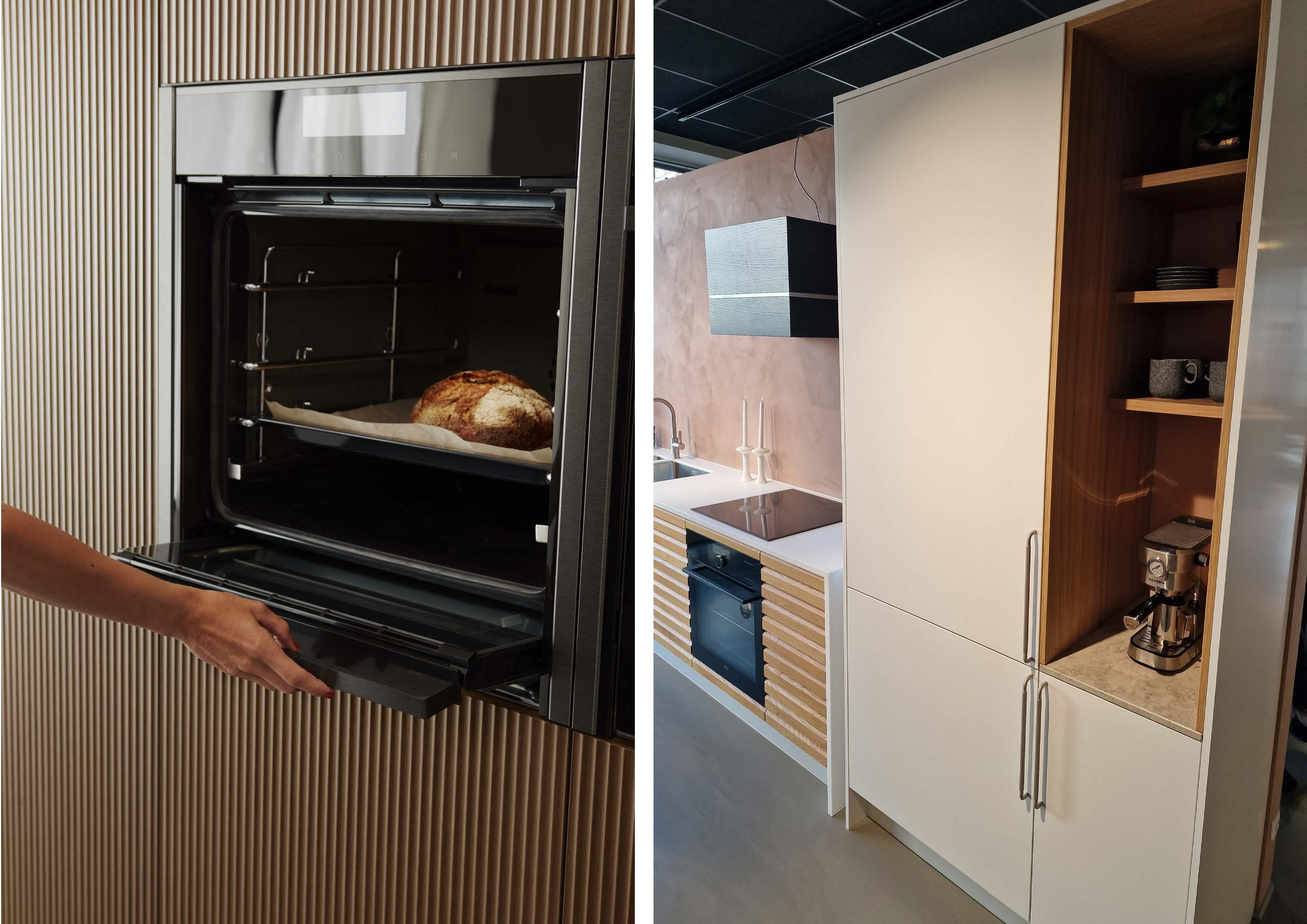 Ovn med «slide and hide»-funksjon fra NEFF (venstre) og integrert kjøleskap fra AEG med Base-dører fra HTH (høyre)