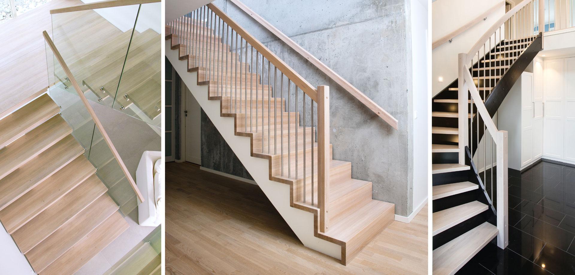 De to hovedtypene er rett trapp og svingtrapp. En mellomting er repostrapp, alle disse tre variantene er vist her