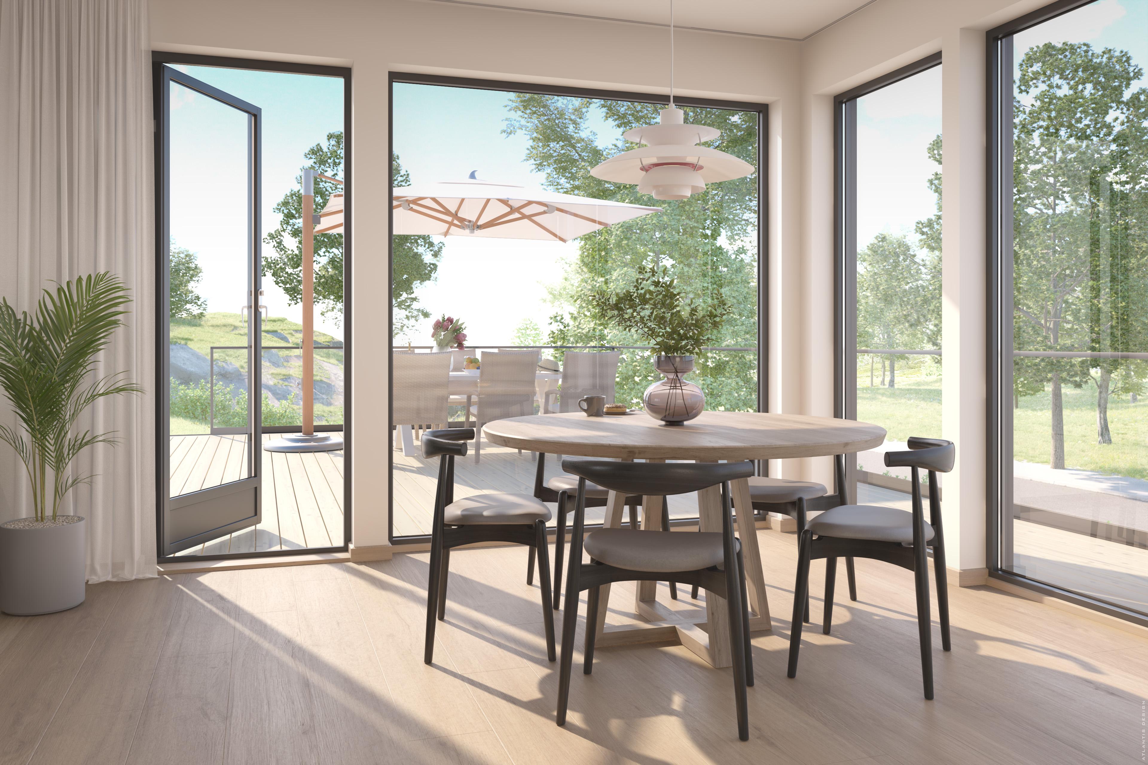 Spisestue og utgang til terrassen. Store vinduer slipper lyset og naturen inn. 3D-illustrasjon