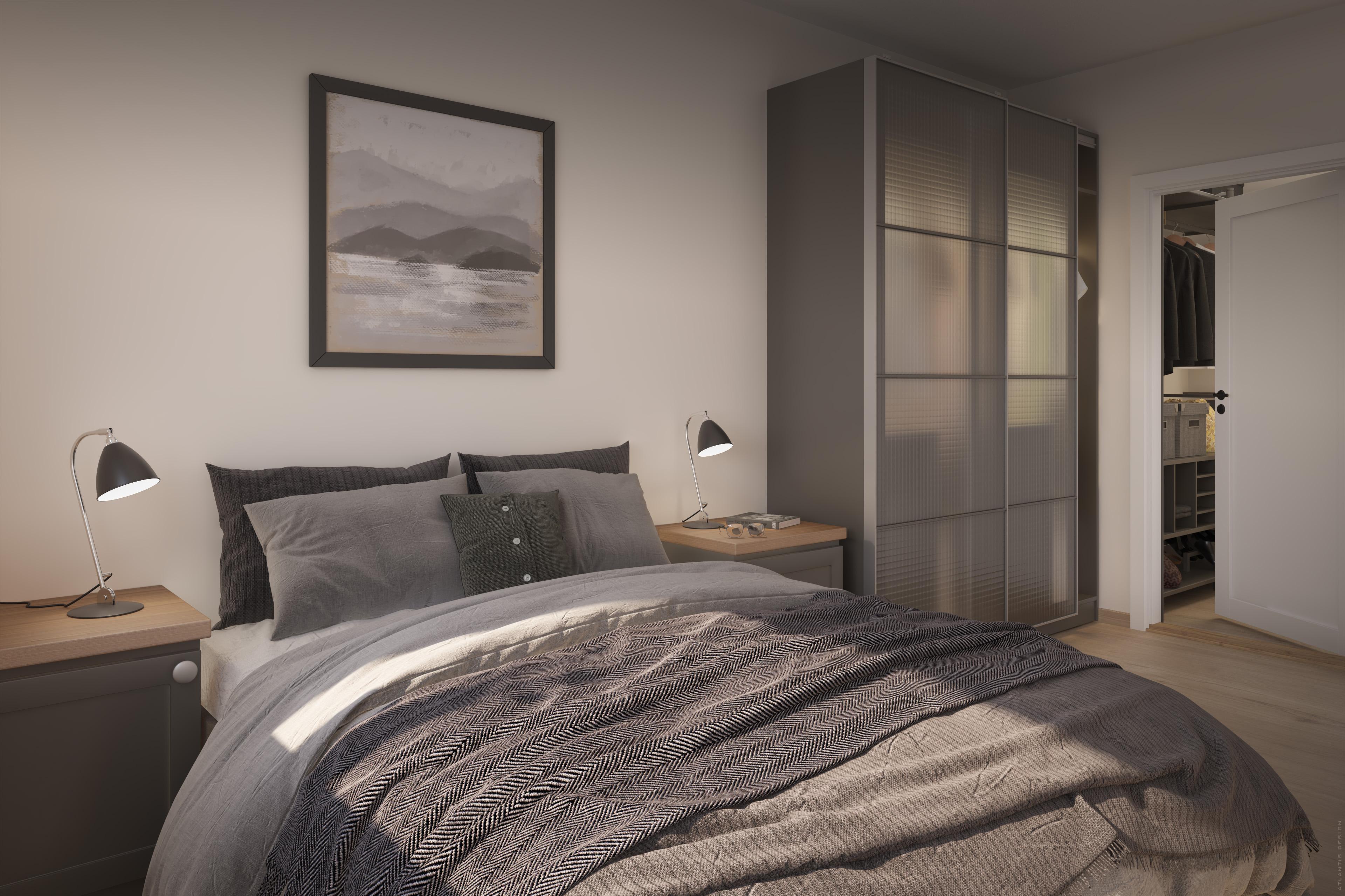 Hovedsoverommet med walk-in ligger i 2. etg. 3D-illustrasjon