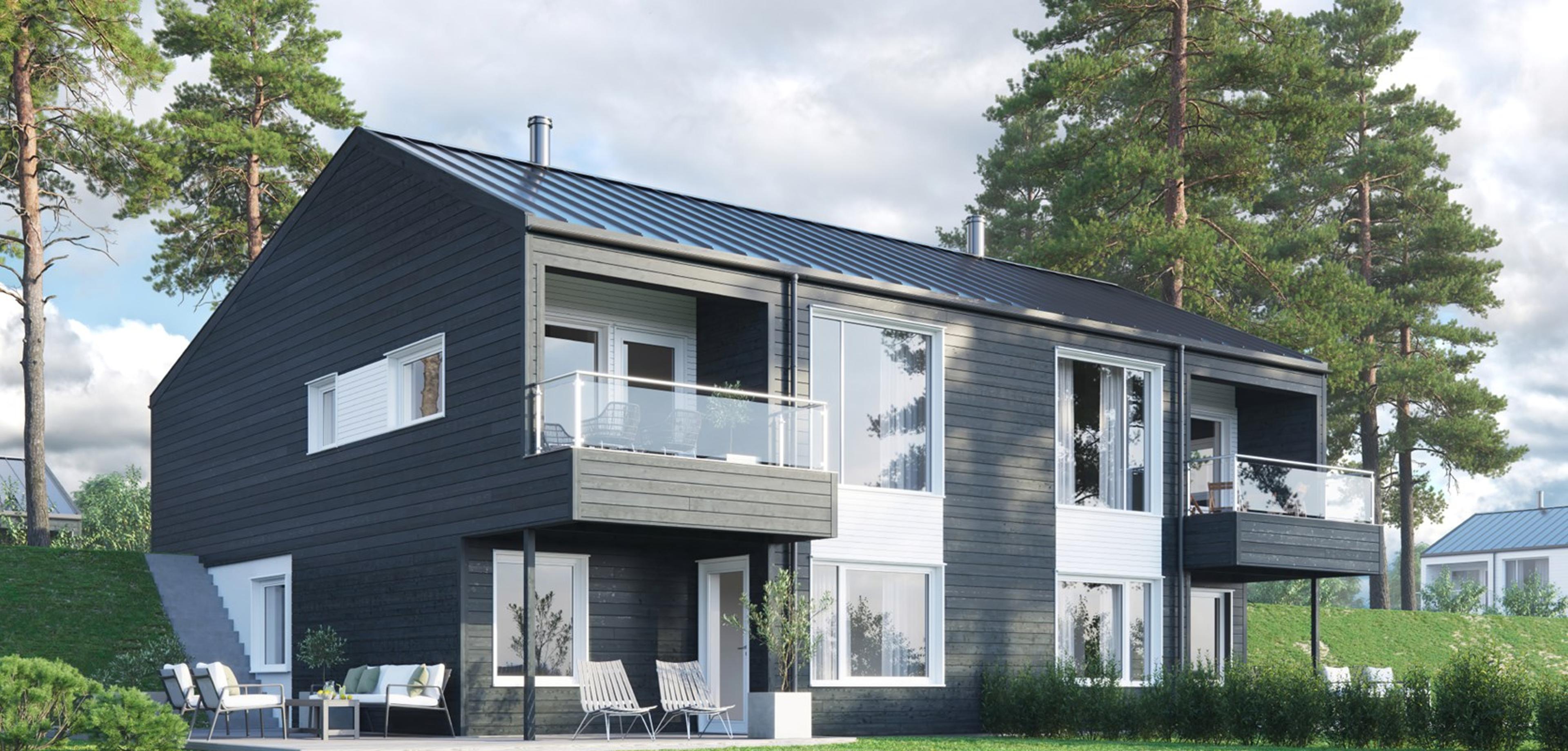 Vågen - en tomannsbolig tilpasset for skrå tomt. Boenhetene er speilvendte og har skjermede balkonger på hver side.