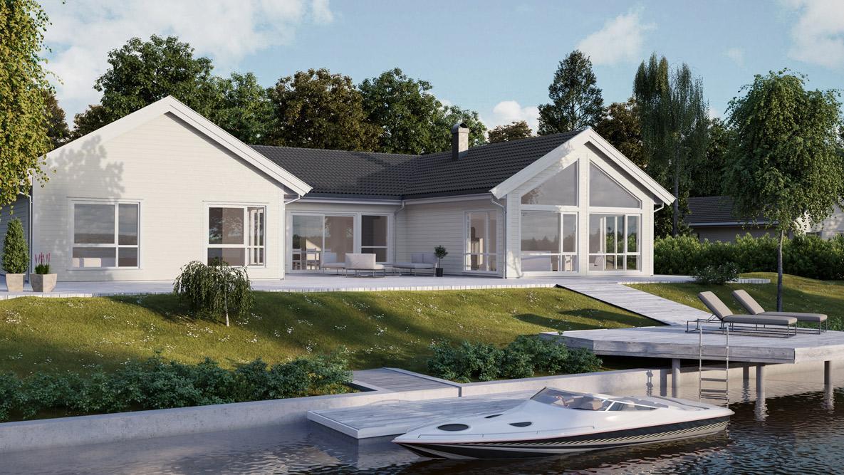 En hvit klassisk enebolig på ett plan ved en brygge