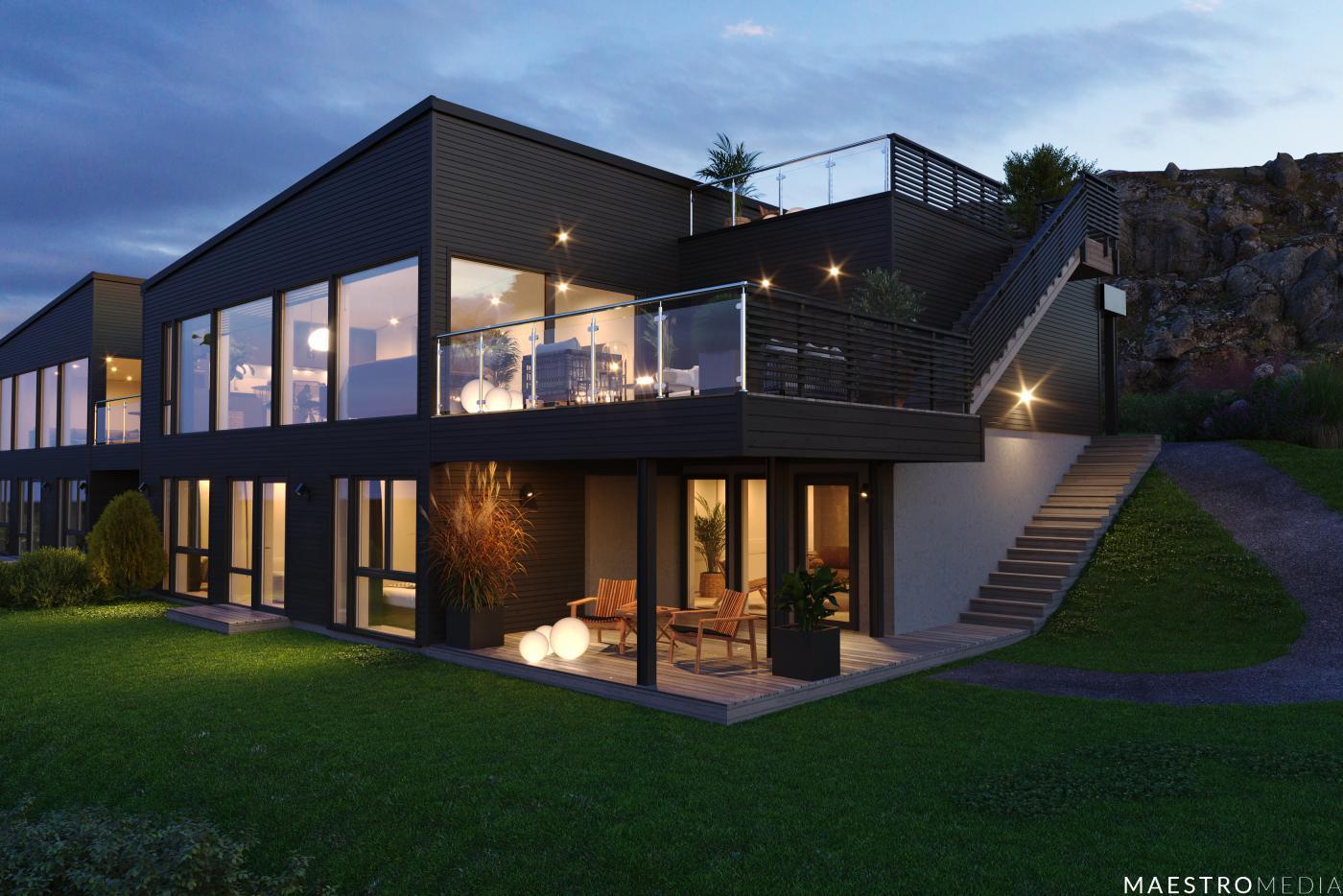 Flotte familieboliger i kjede i prosjektet Snarefjellet Panorama av Nordbohus Romerike.