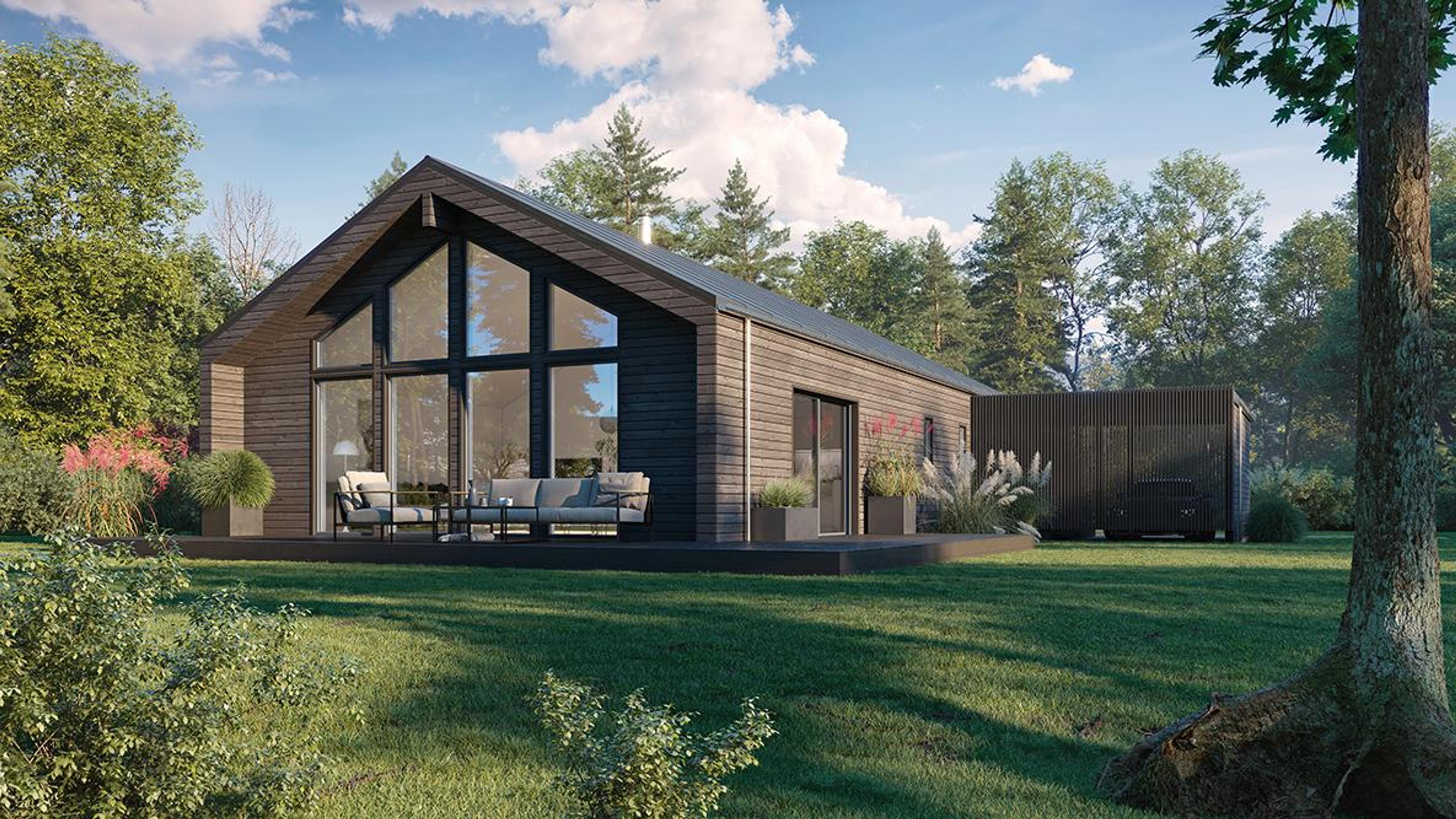 Et moderne hus på ett plan med store vinduer i front