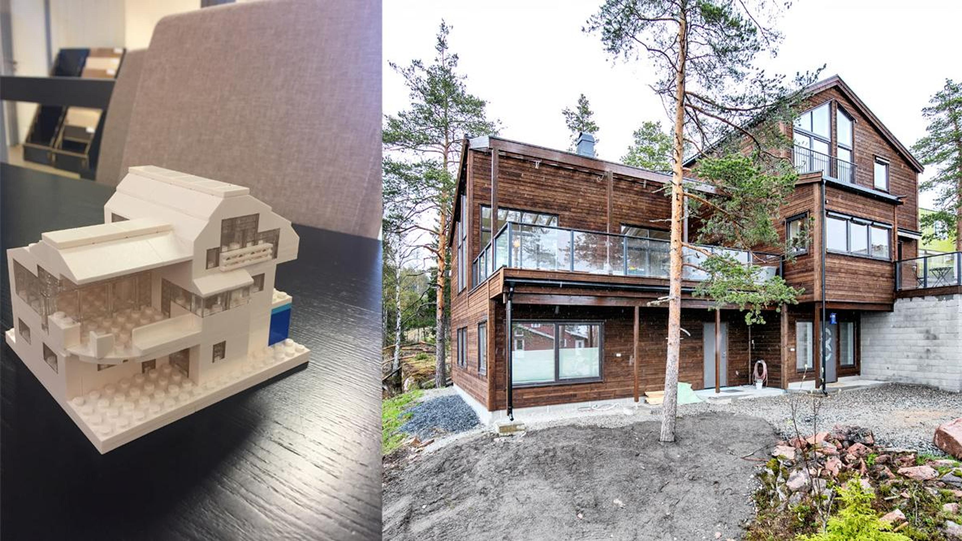 Bilde av lego-hus og faktisk hus ved siden av hverandre