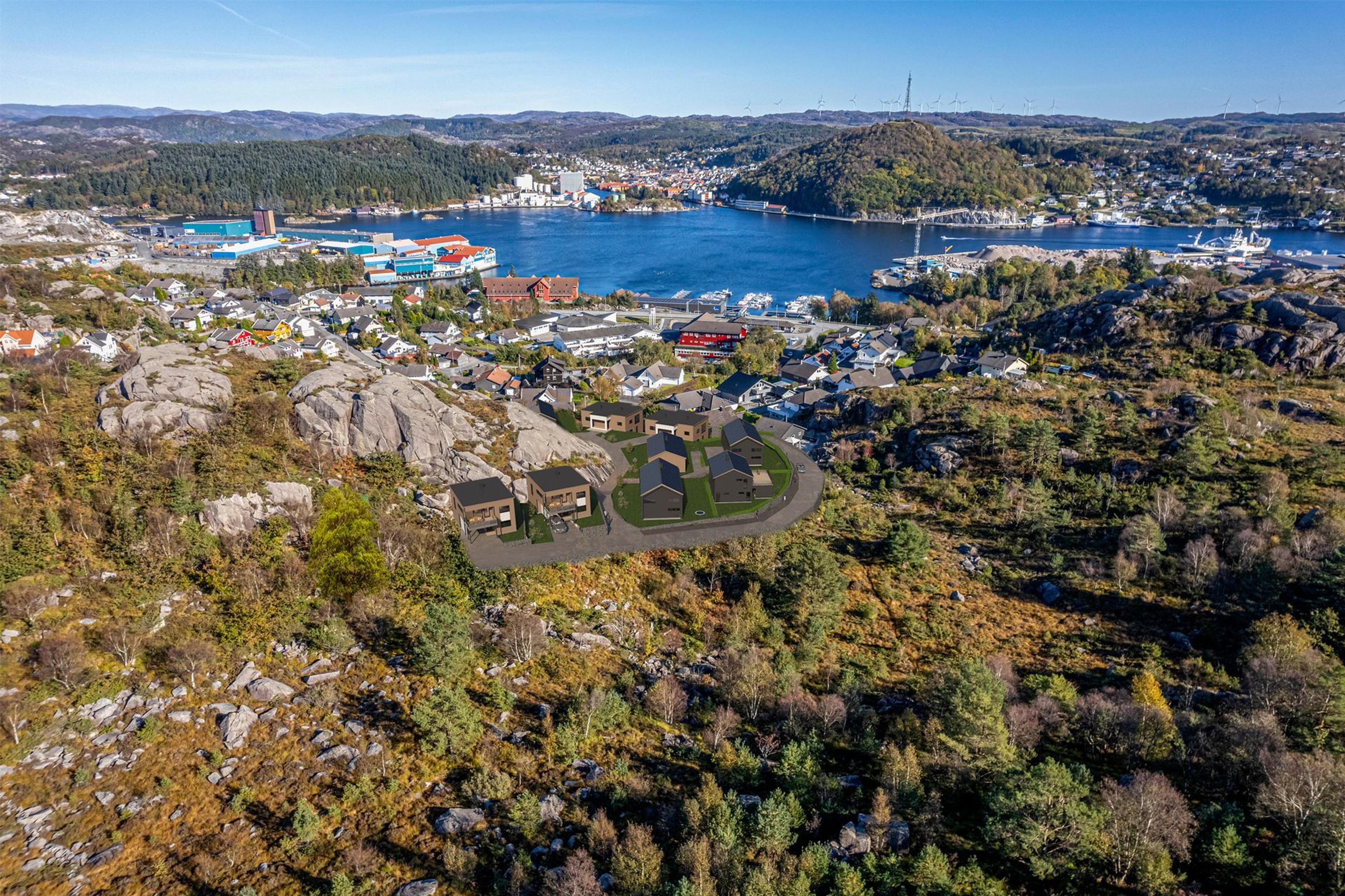 Utsiktsbilde over området med illustrasjon av boligene