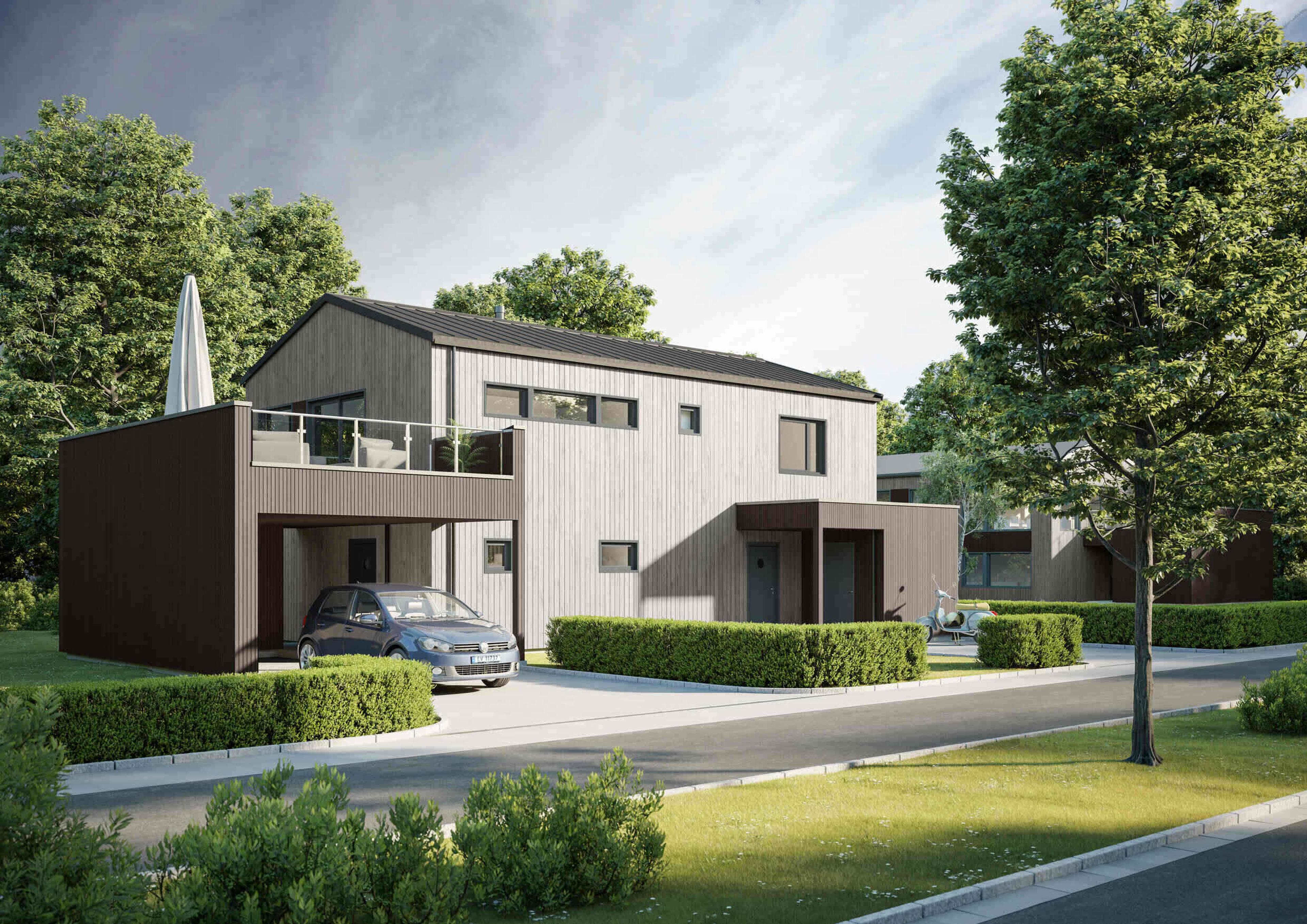 Enebolig over to etasjer med en carport