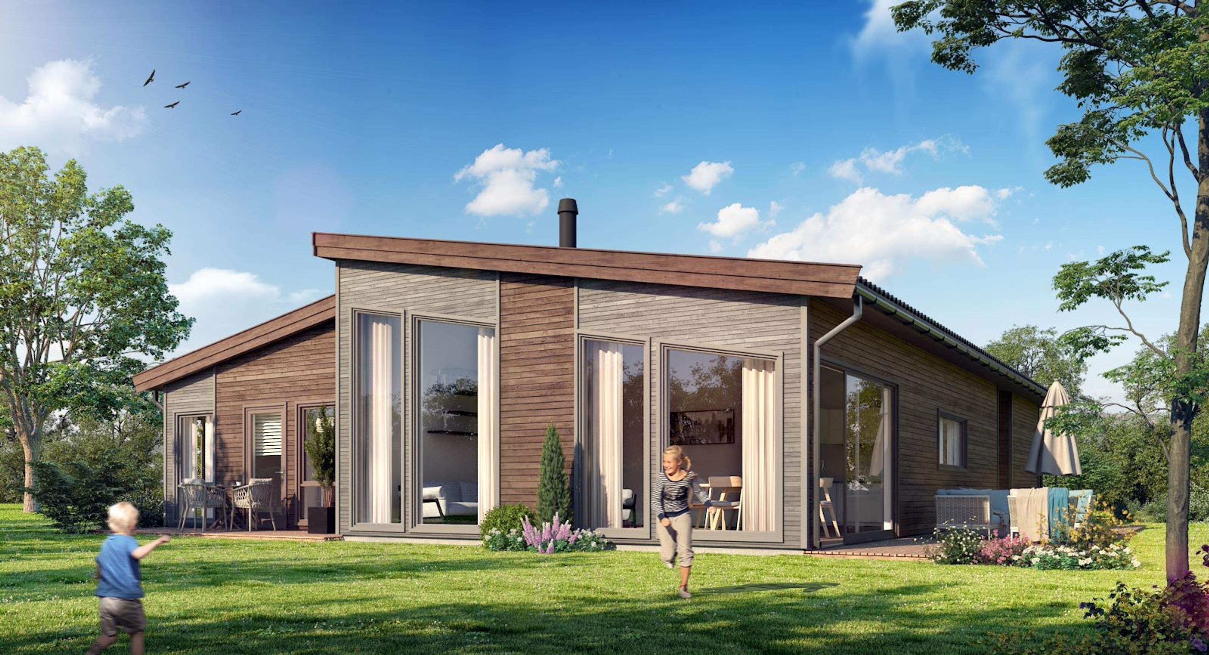 Moderne enebolig på ett plan med skråtak