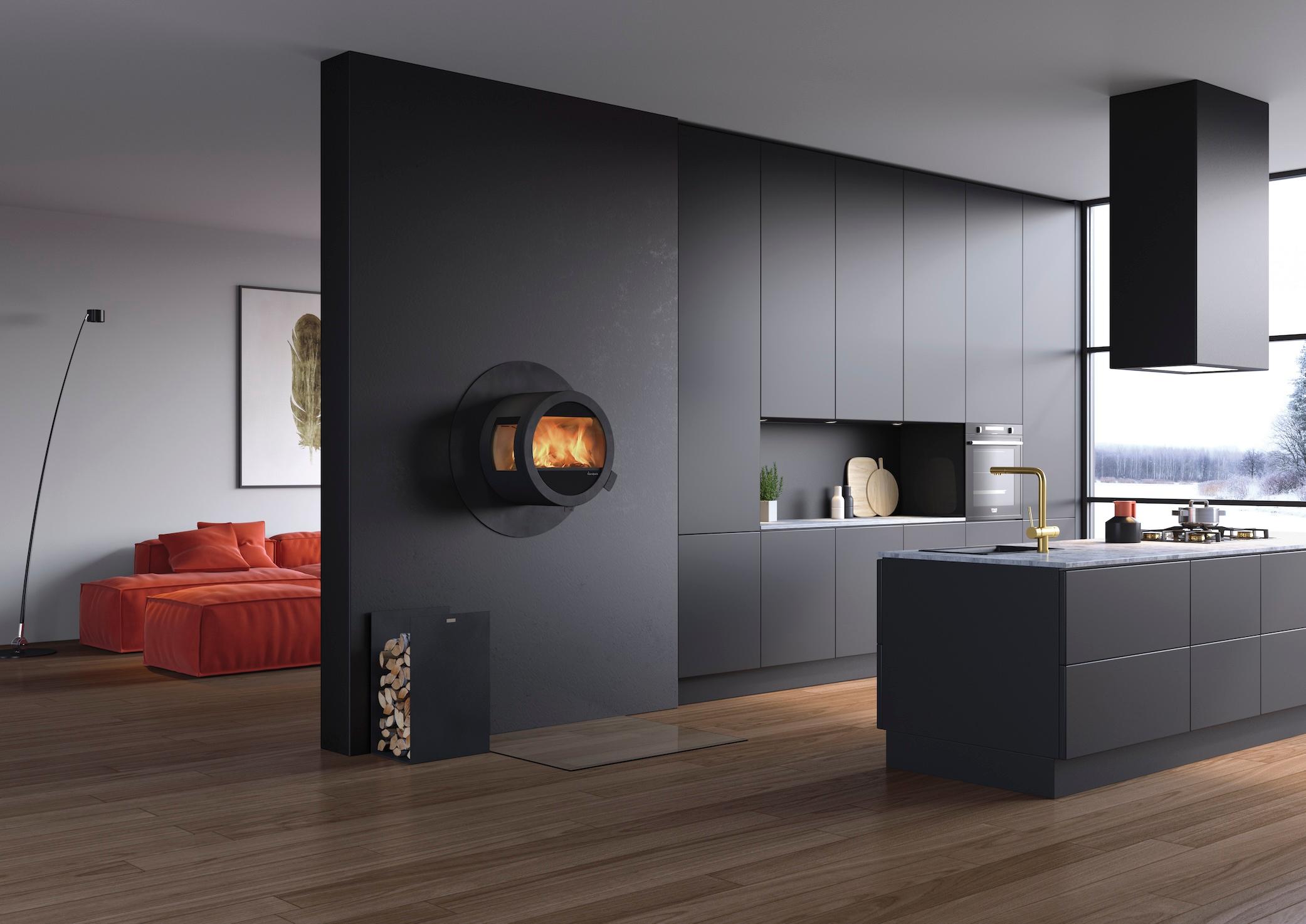 Den lekre vegghengte peisovnen Me Wall vil være et tøft innslag i alle designbevisste hjem.