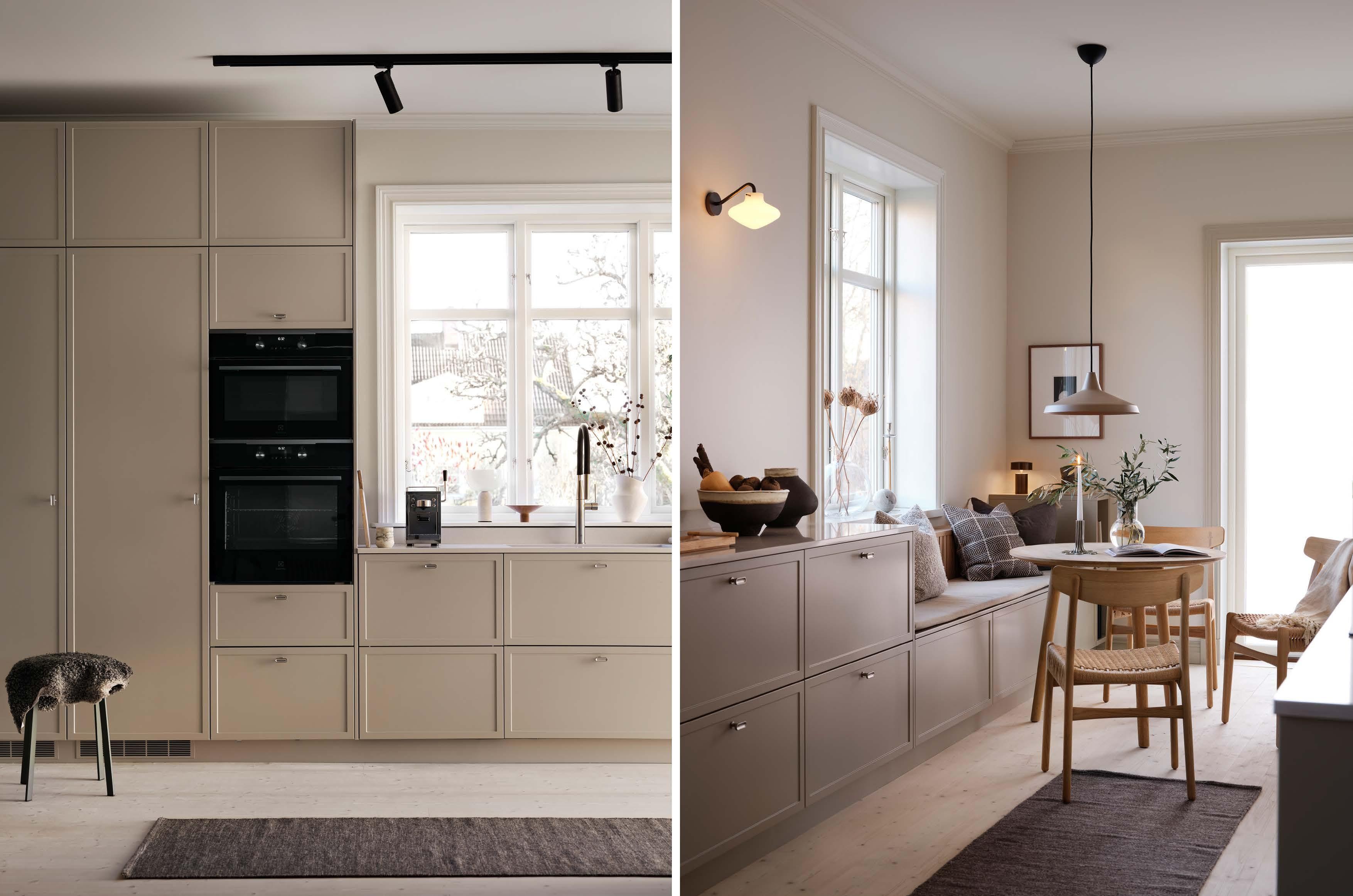 Beige kjøkken fra Drømmekjøkkenet med sittebenk under vinduet