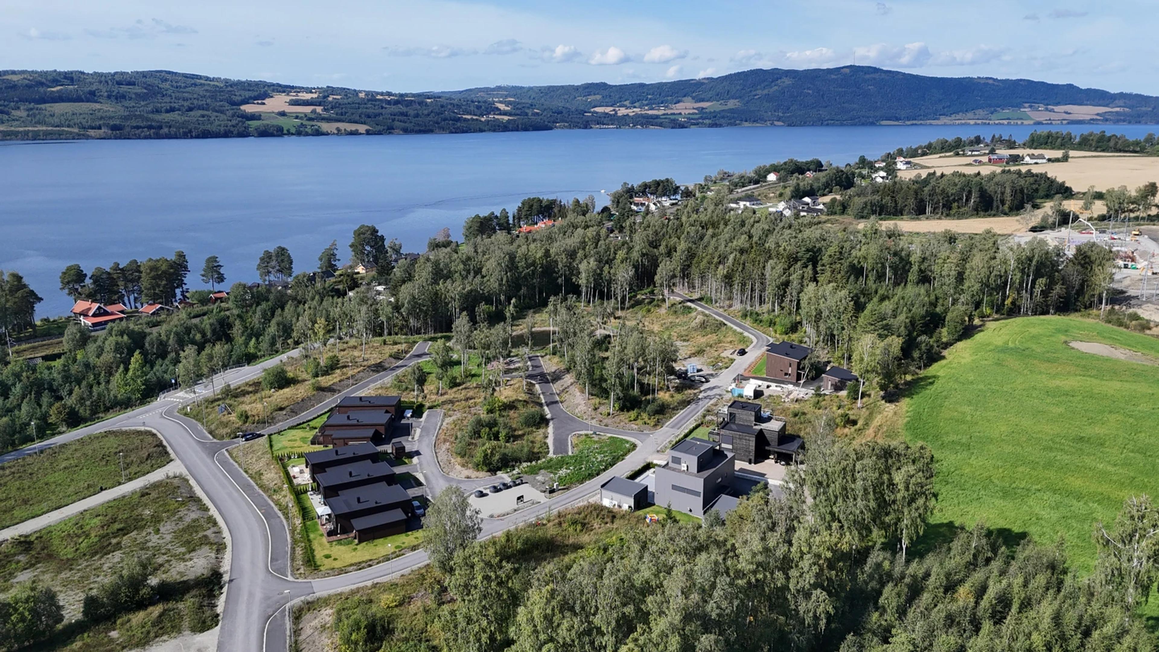 Oversikt over boligfeltet med skog rundt og Mjøsa like nedenfor.