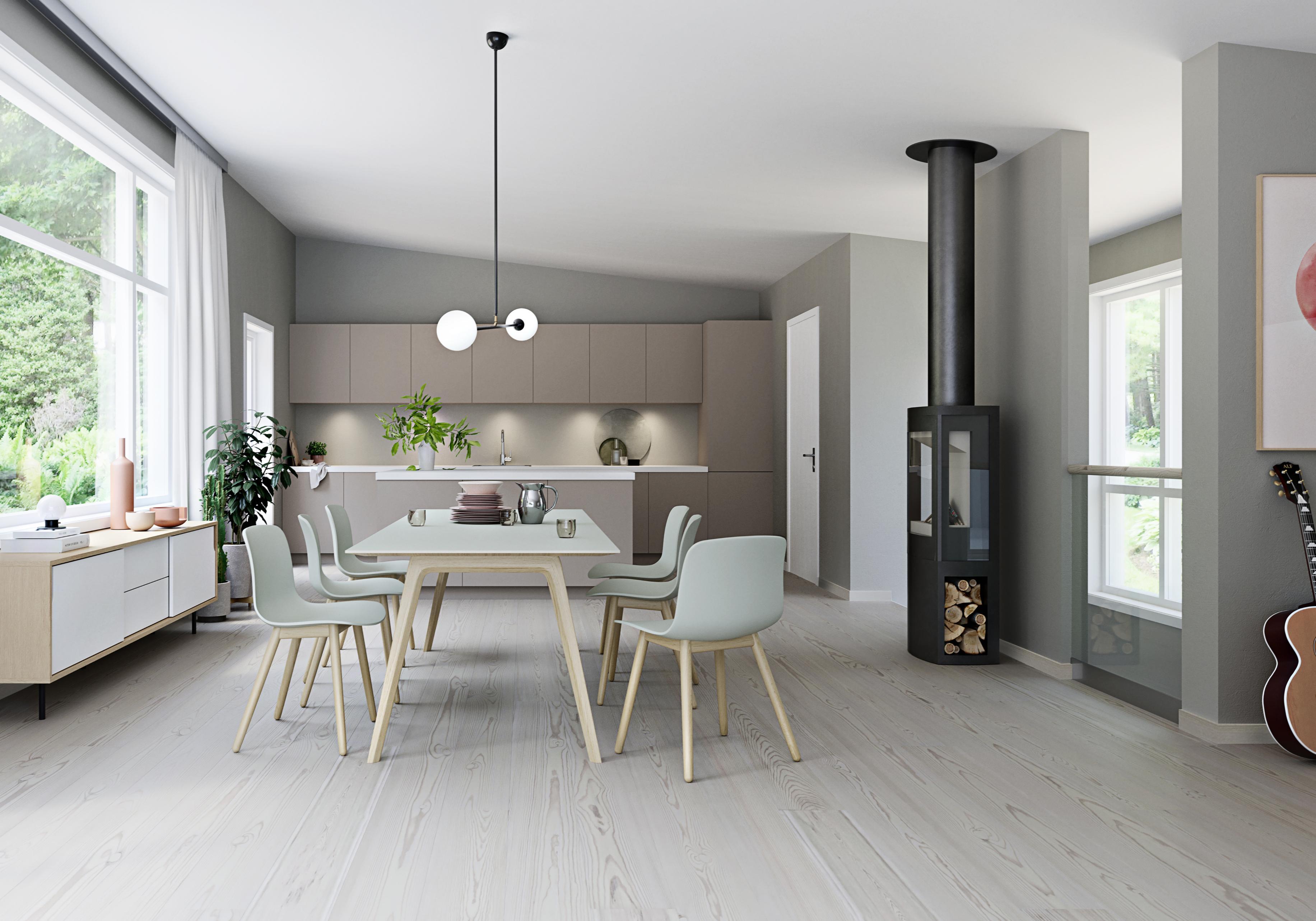 Stor og luftig stue- og kjøkkenløsning