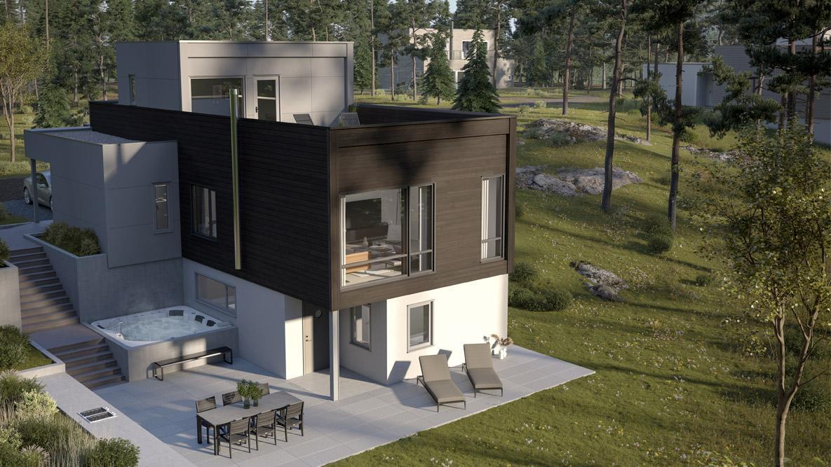 Den romslige og moderne eneboligen Kvadrat er et perfekt hus for skrå tomt med inngang oppe.