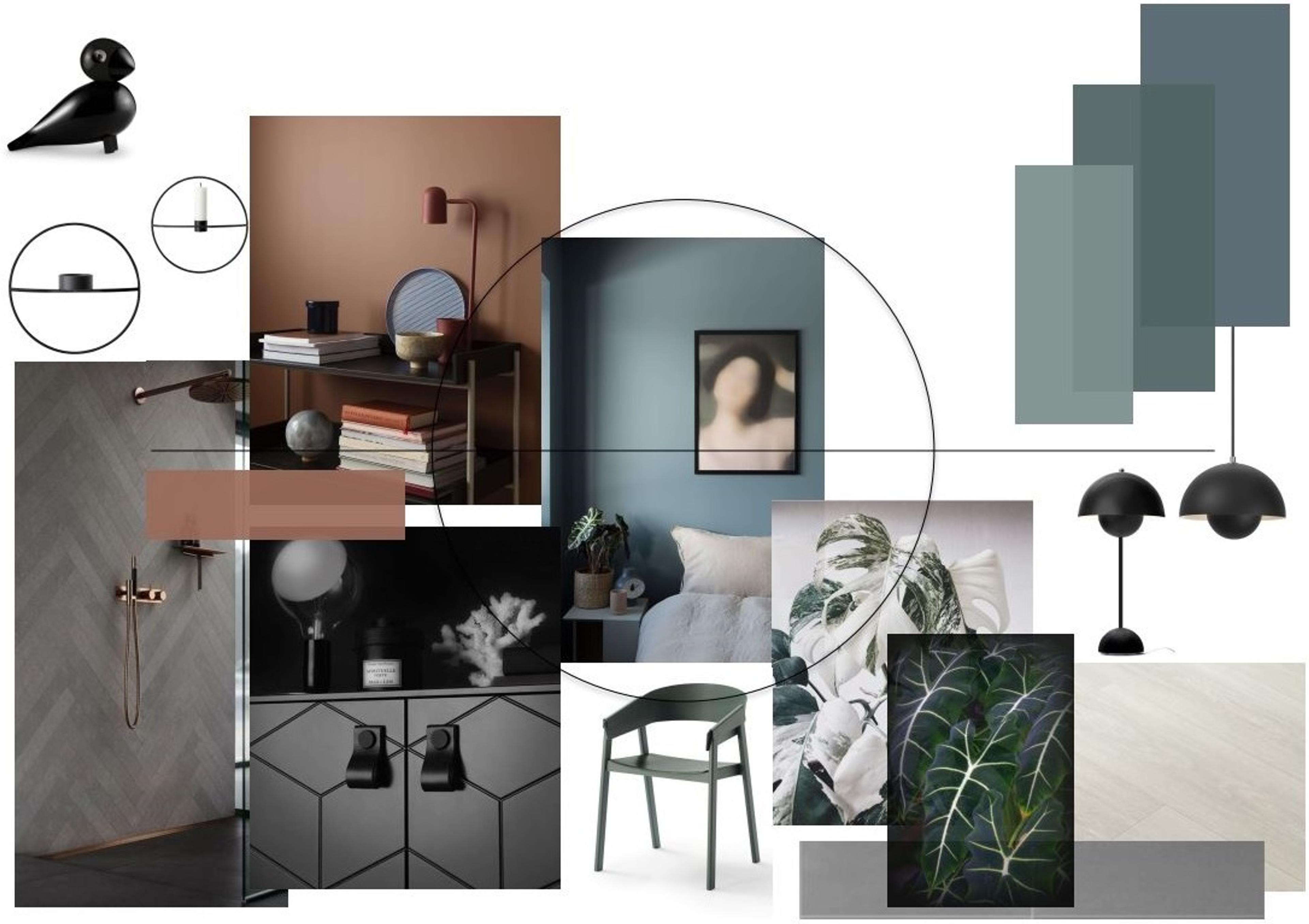 Moodboard med farger og interiør