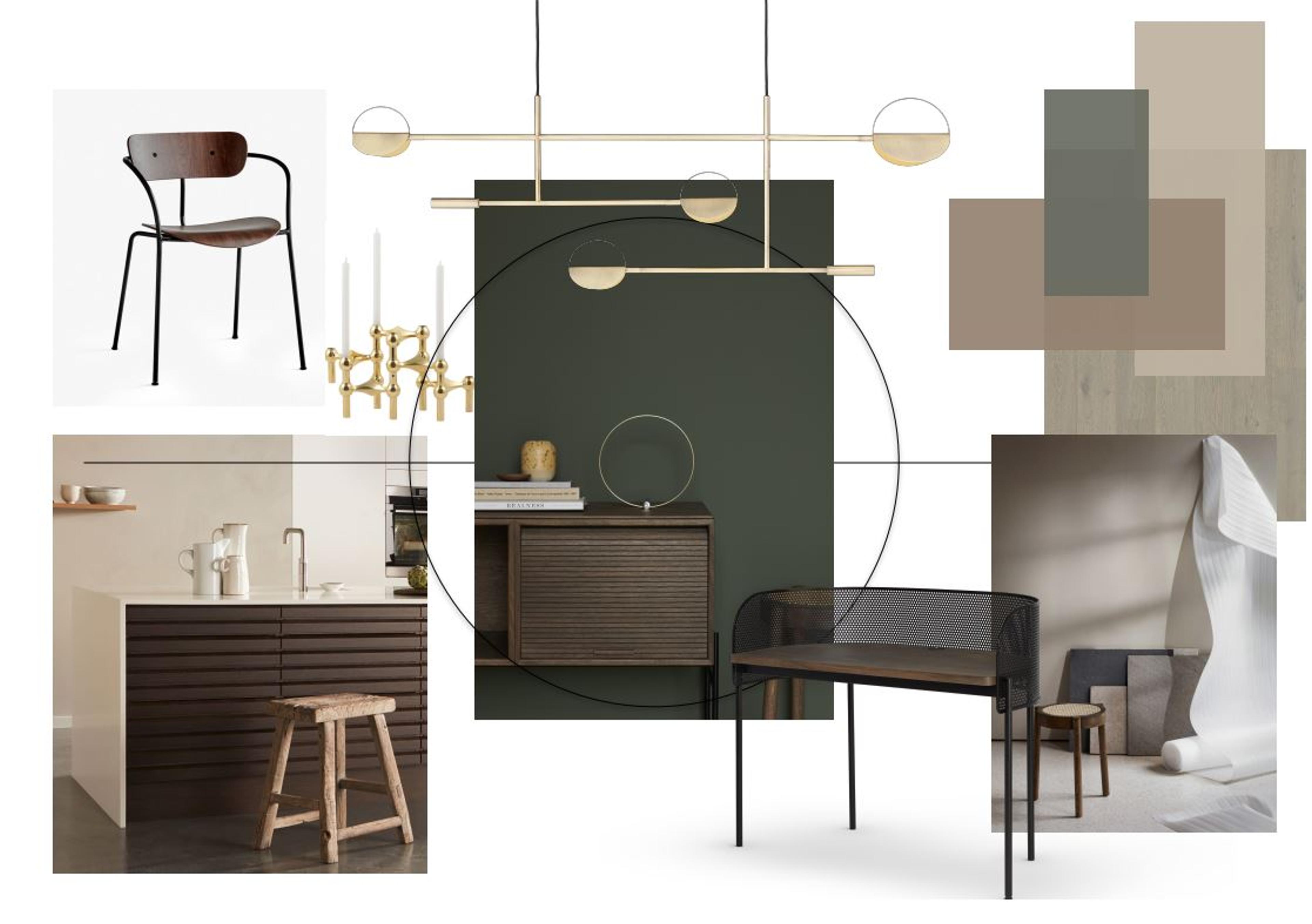 Moodboard med gull og mørke farger