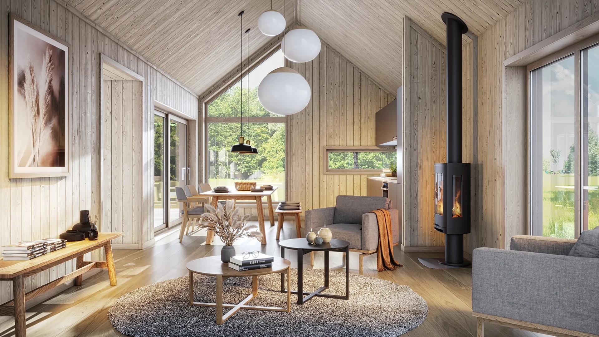 Stue i hytte med peis og skråtak