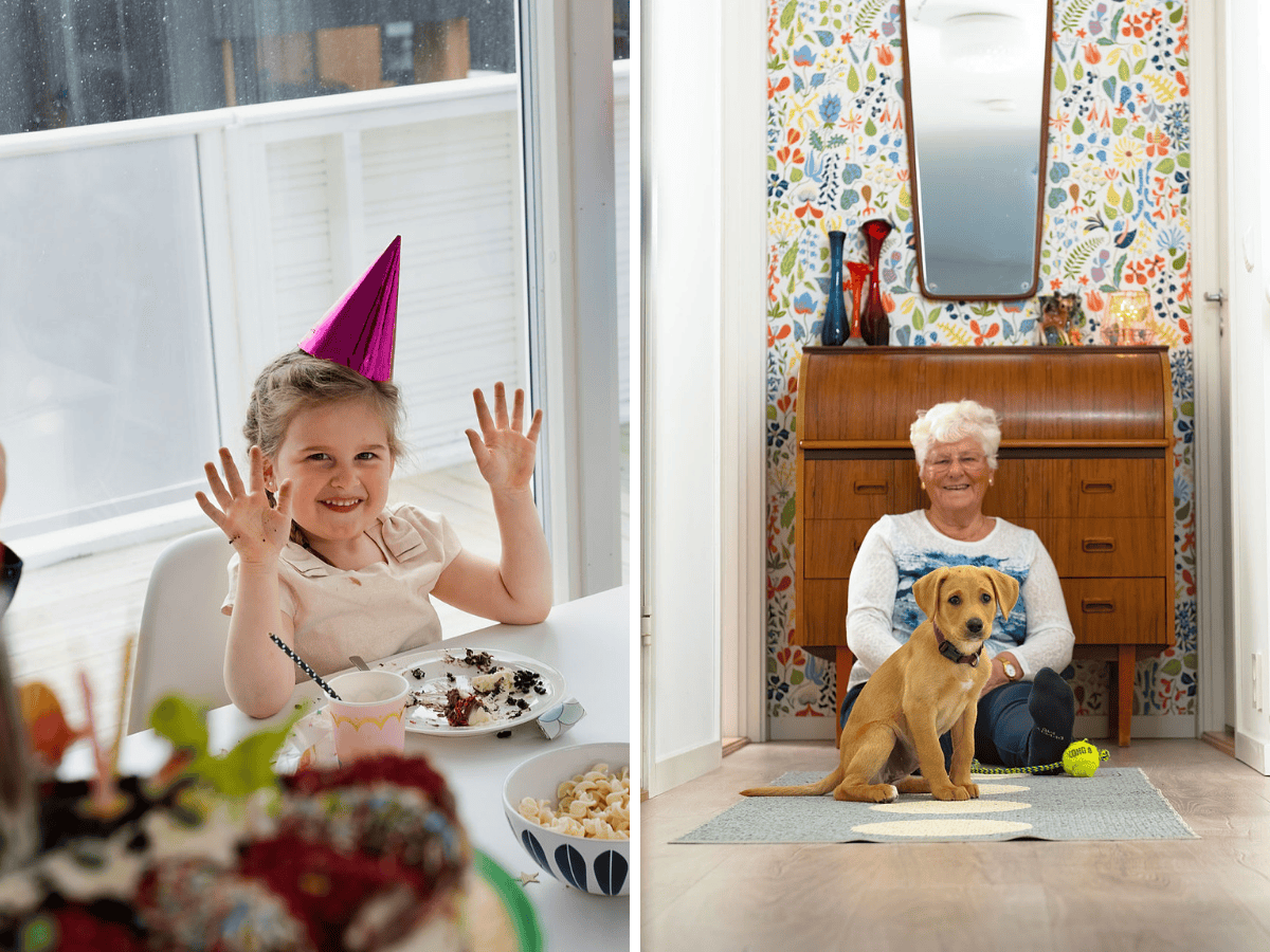 En collage av en eldre dame som sitter på gulvet og en ung jente med bursdagshatt på