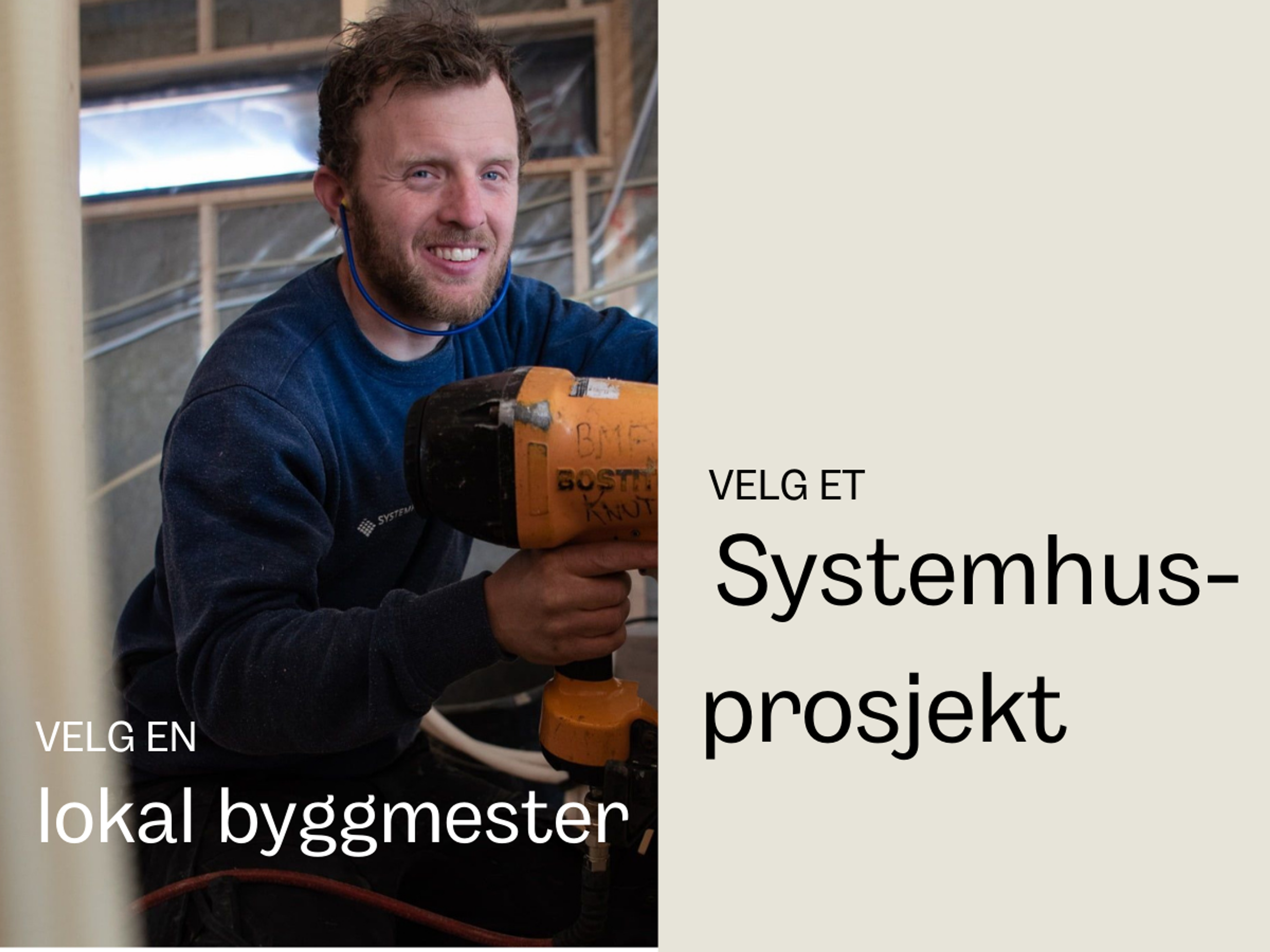 En mann i blå genser med spikerpistol