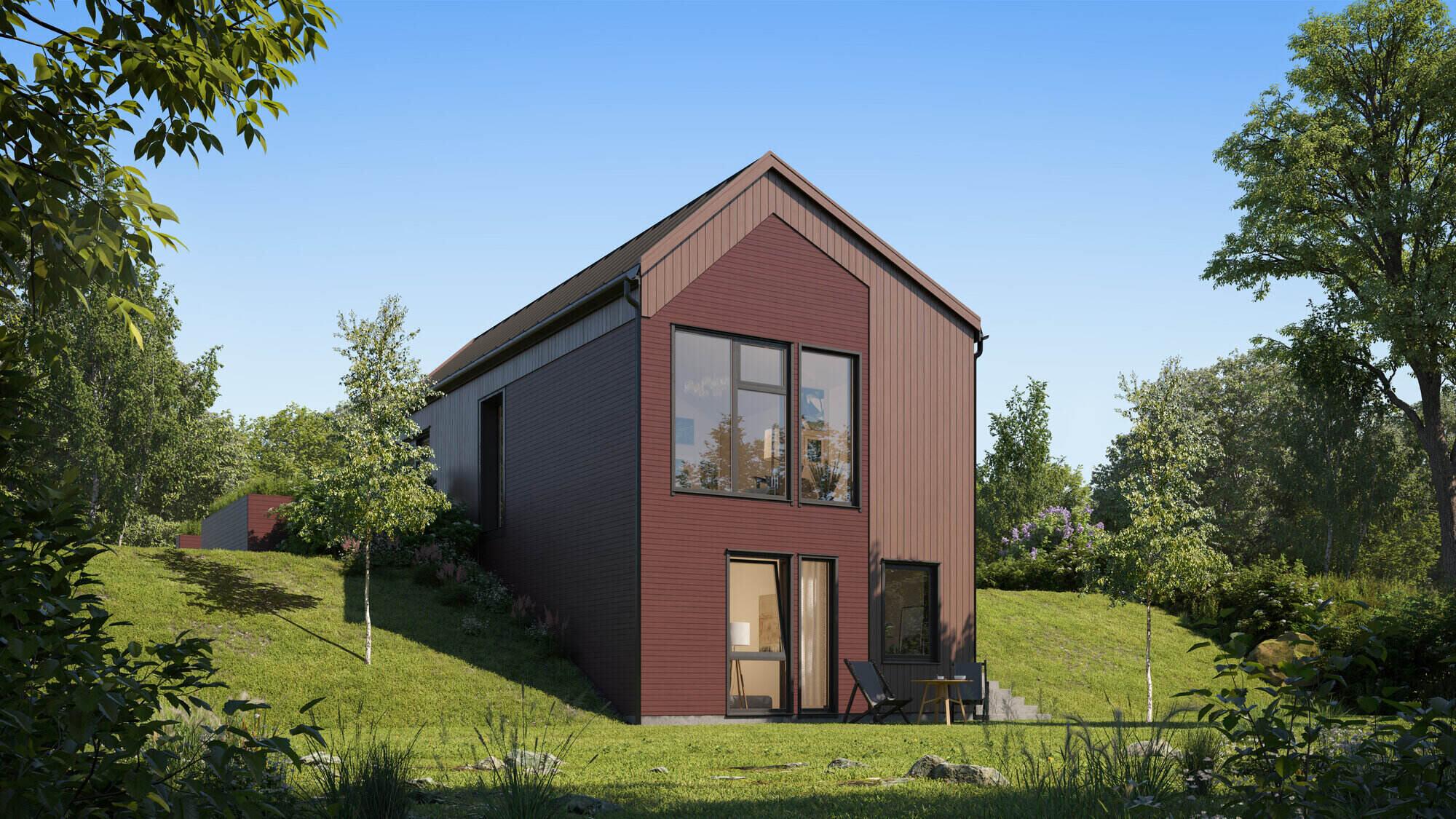 Et hus over to plan med skråtak i en skråtomt