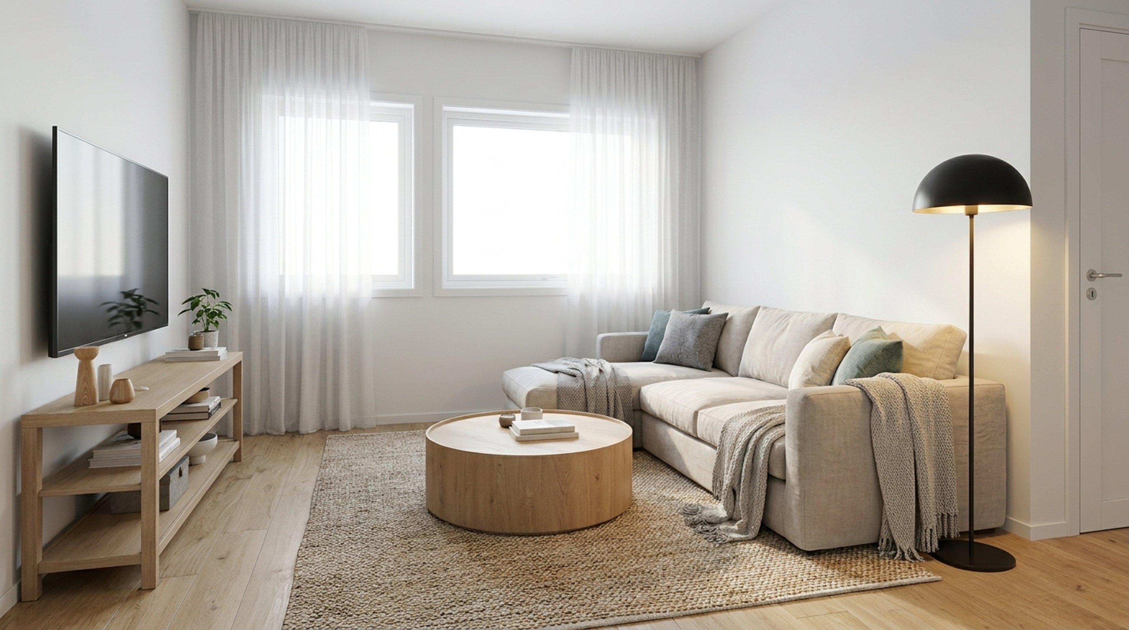 Lys og moderne TV-stue med beige hjørnesofa, rundt salongbord i tre, vegghengt TV og store vinduer med lette gardiner.