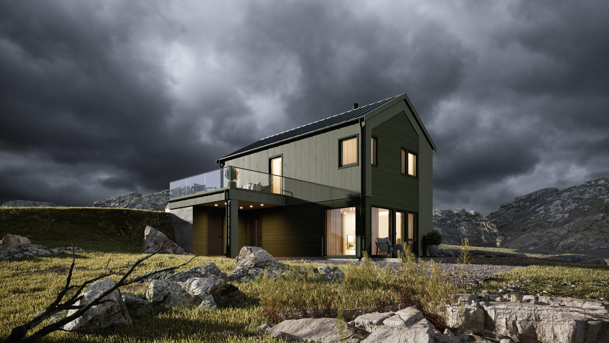 Et grønt hus over to plan med skråtak på en stormfull natt