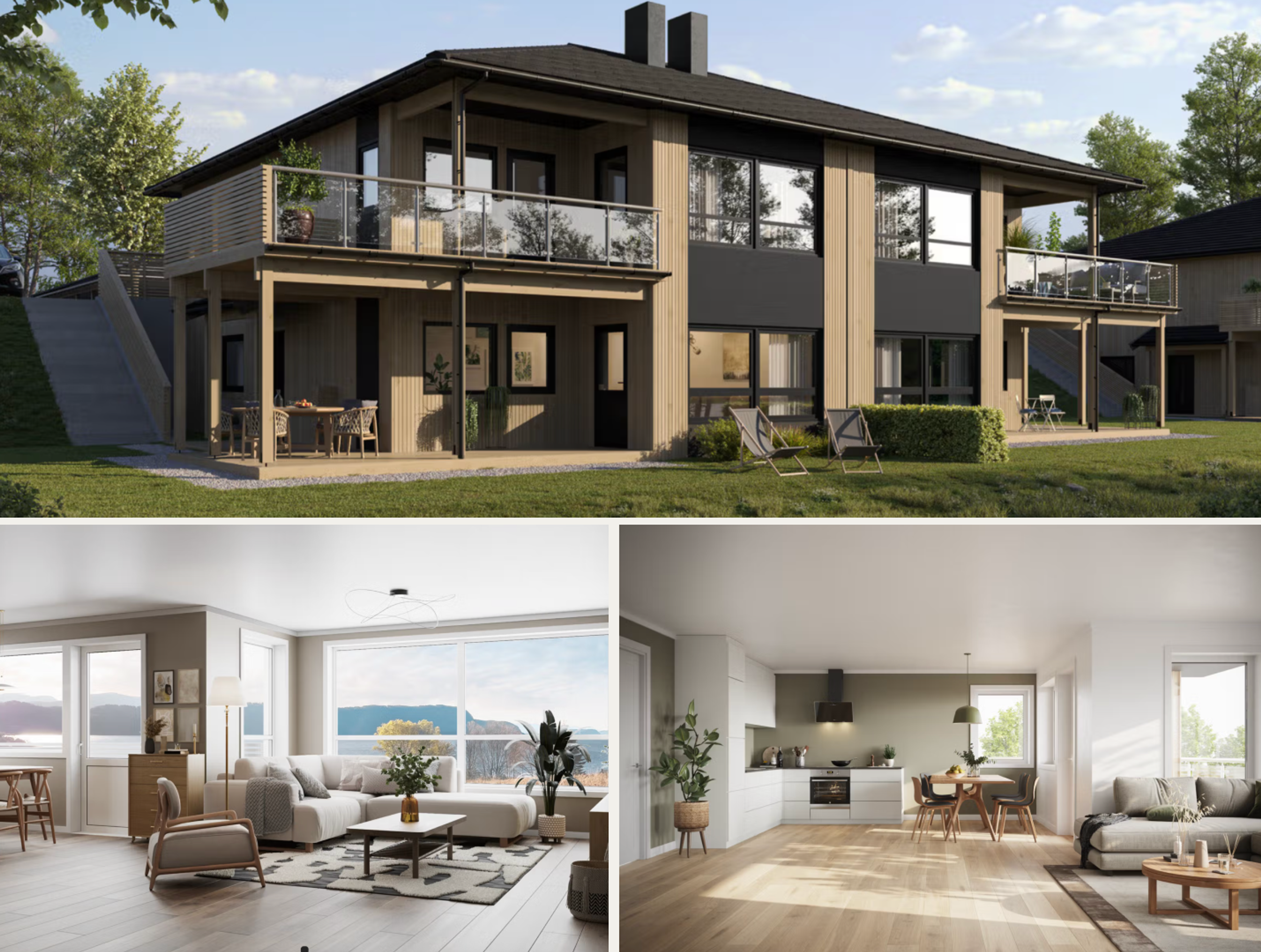 Bildesamling bestående av kjøkken, stue og husets forside