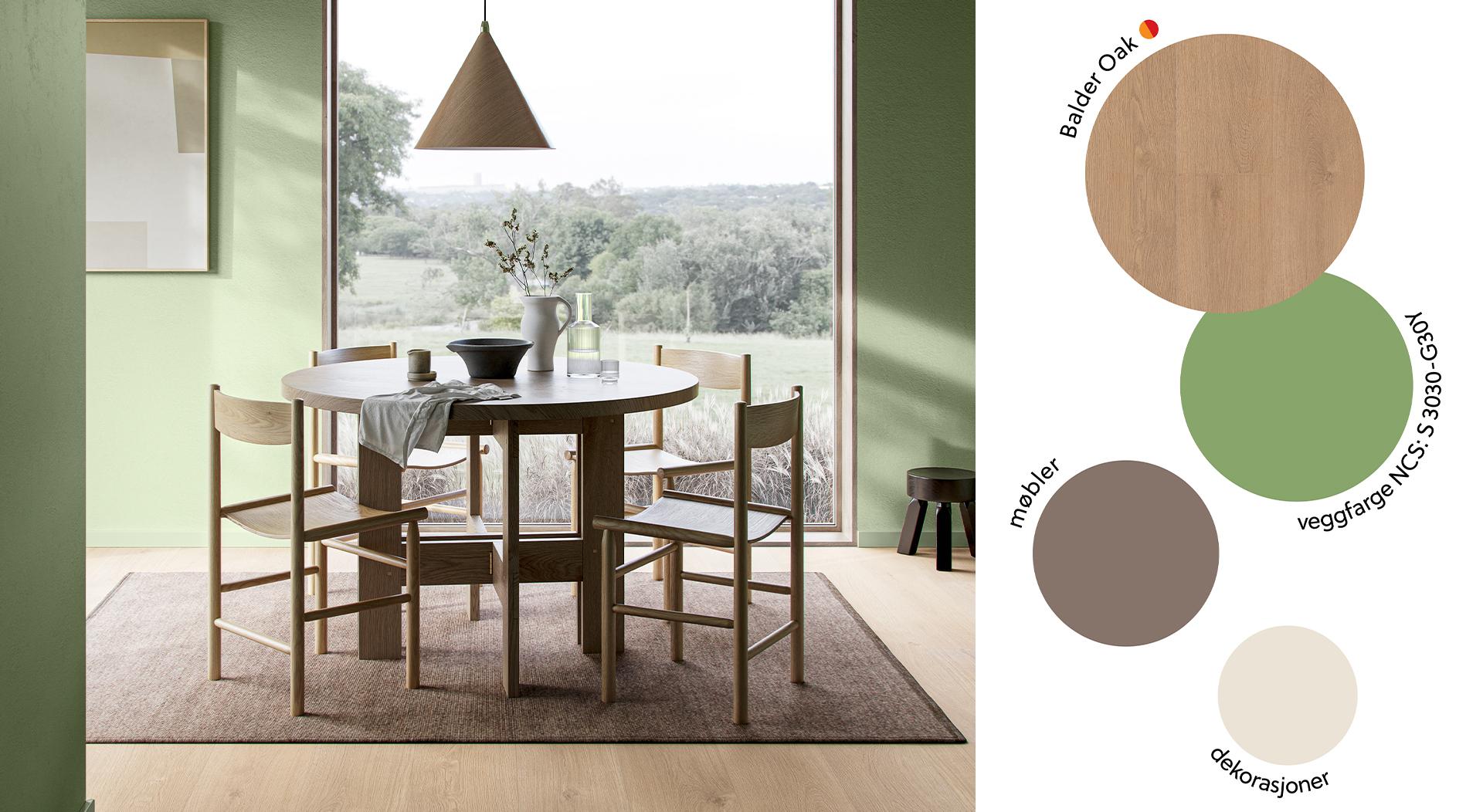 Harmoniske kontrastfarger: grønn, brun, oak