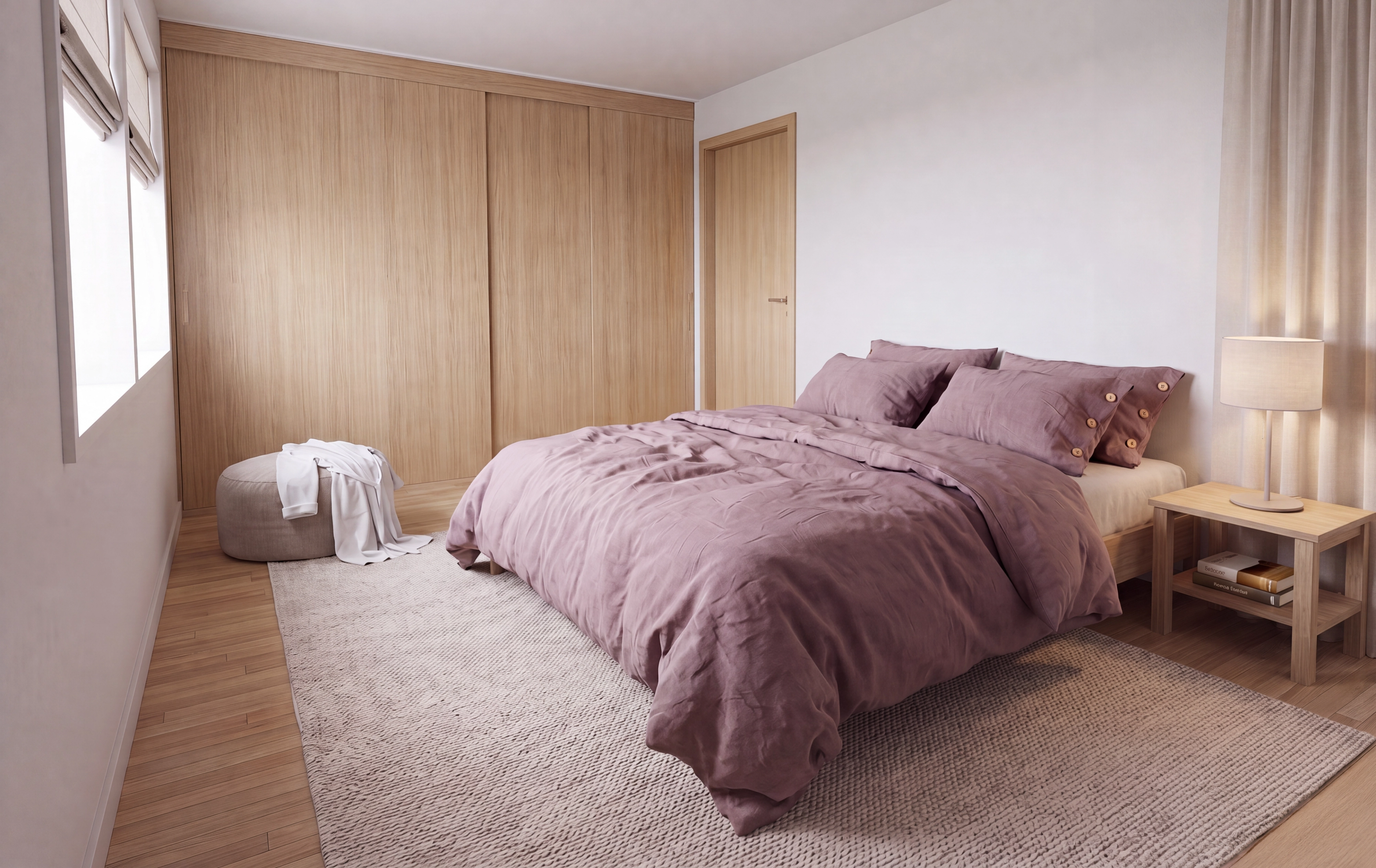 Lyst og moderne hovedsoverom med dobbeltseng, vegg-til-vegg-garderobe med skyvedører, lyst tregulv og lune tekstiler i dempede rosatoner.