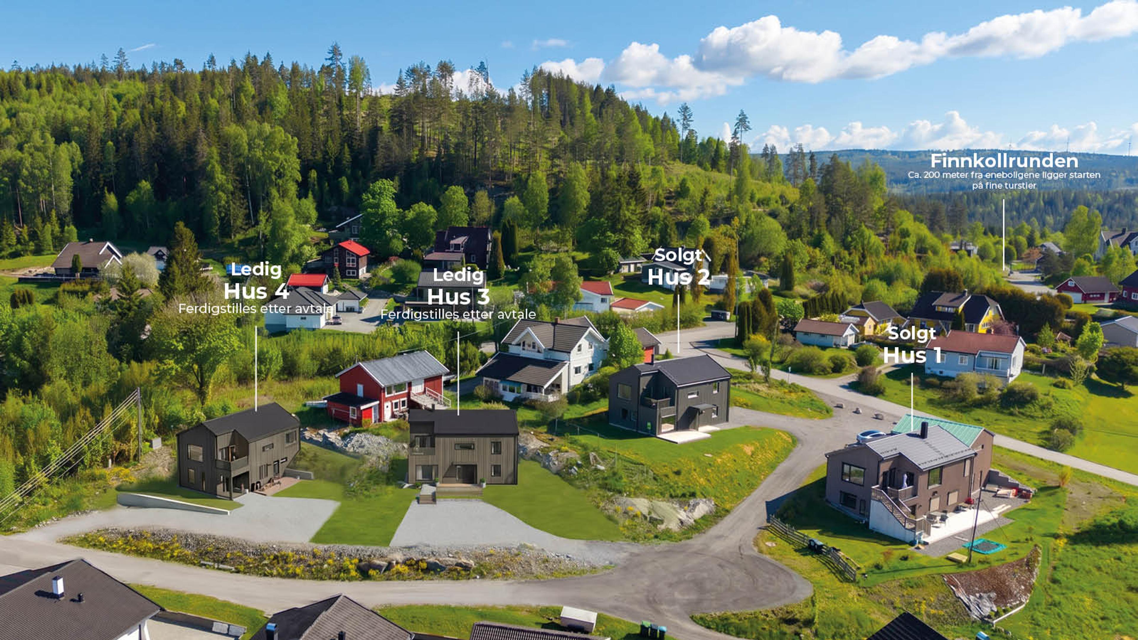 Dronefoto med boligene illustrert