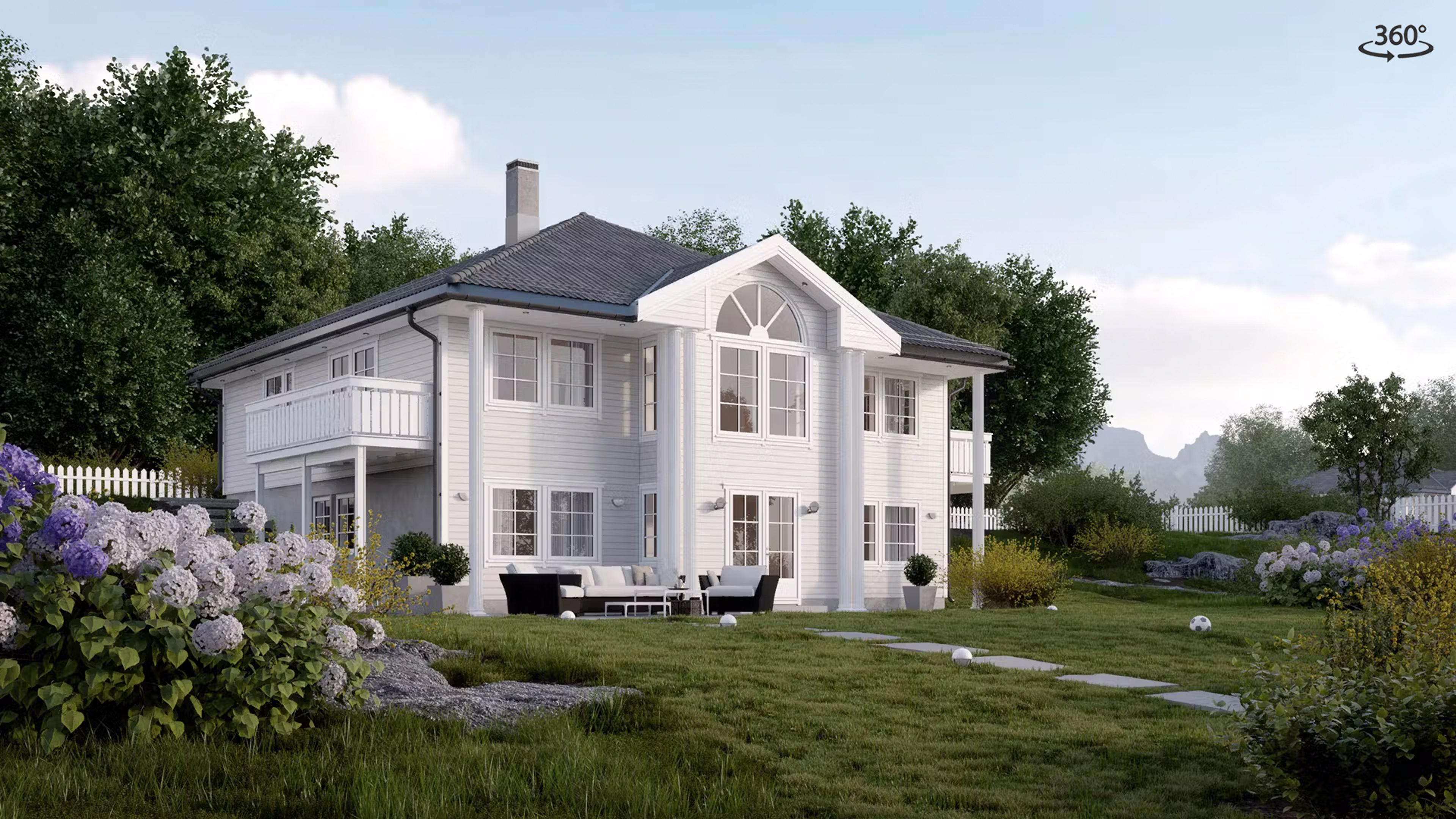 Stort hvitt herskapelig hus med stor hage