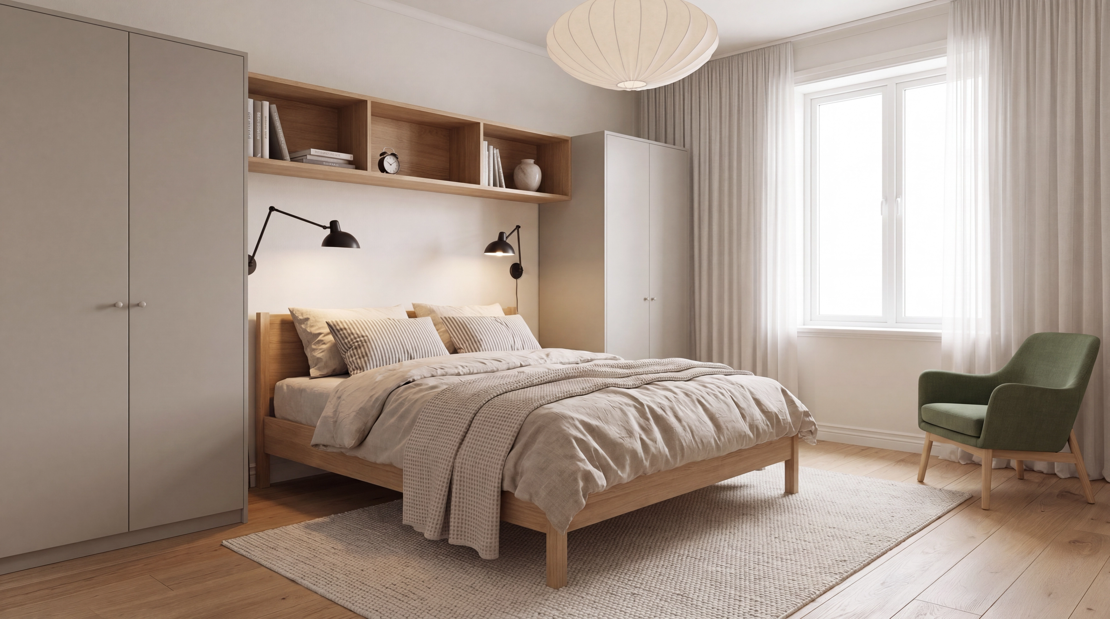 Moderne lyst soverom i boligen Frøvik fra Systemhus. Skap på hver side av sengen og en liten lenestol i enden av sengen. Det er en bokhylle over sengen i stedet for nattbord. Skapene er grå beige. 