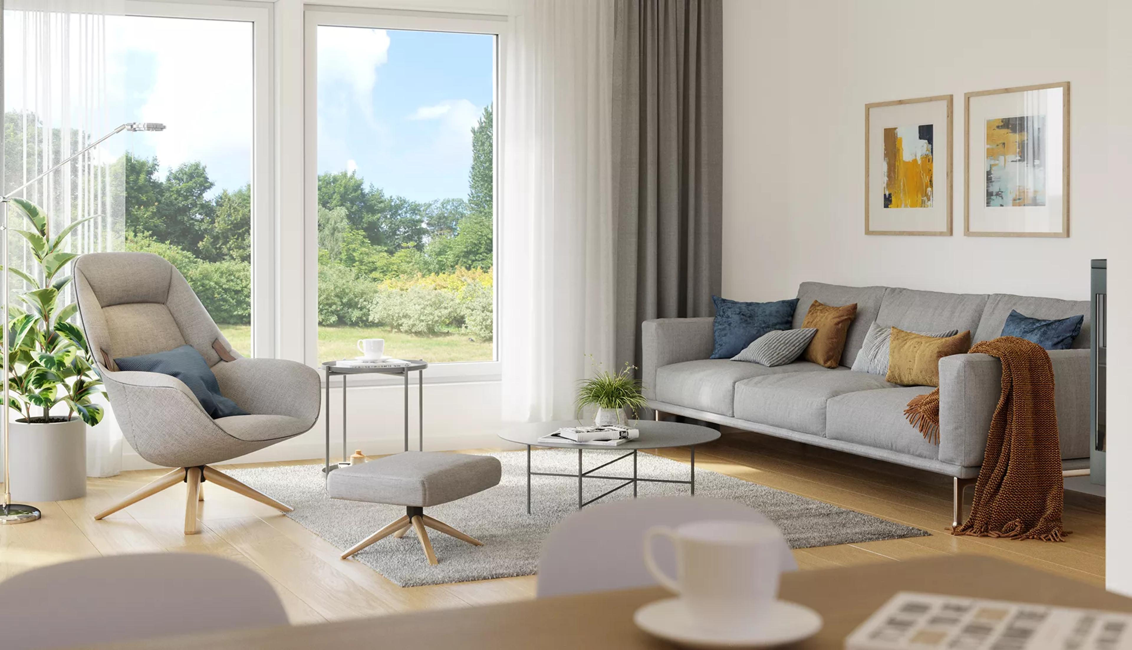 Moderne stue med store vinduer