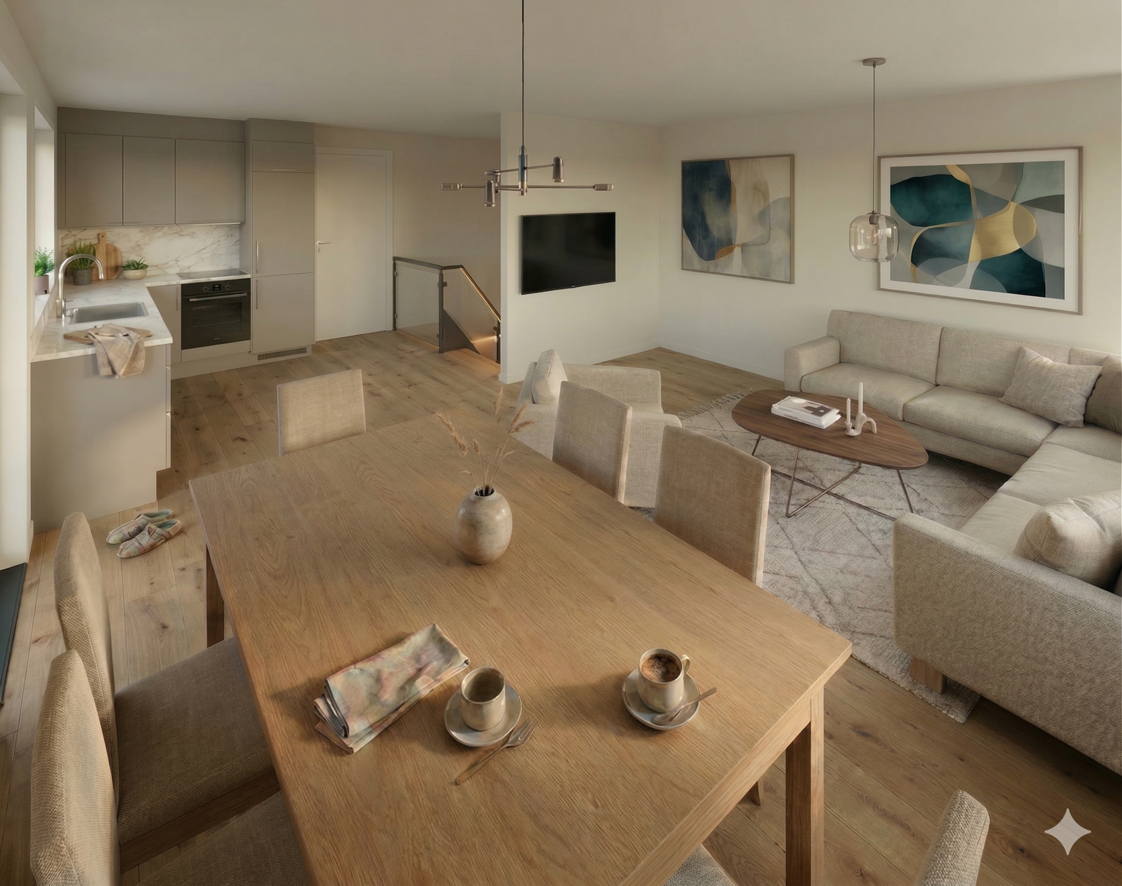 Illustasjonsfoto - Åpent og praktisk areal til spisestue, stue, kjøkken og trapp opp fra underetasjen