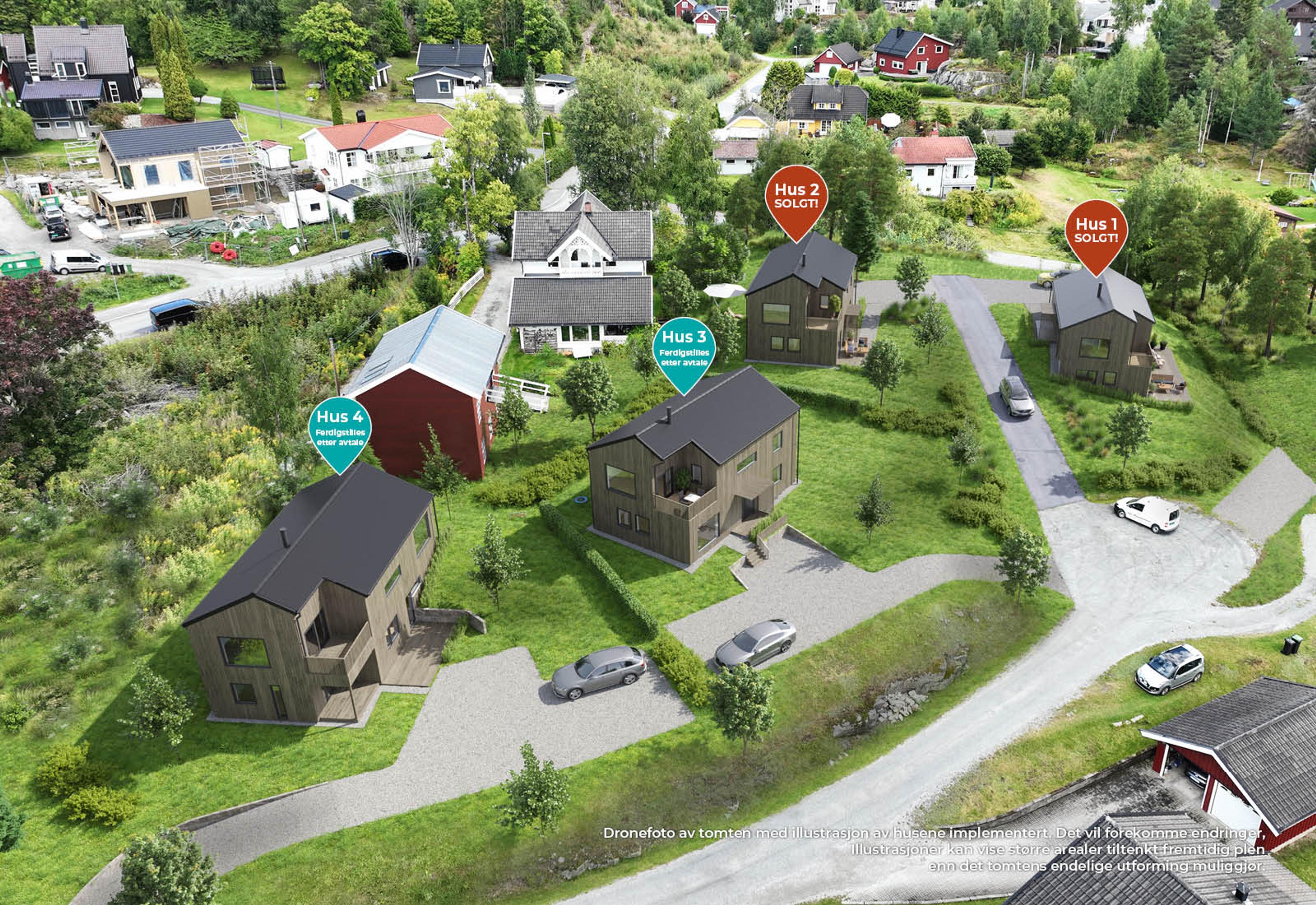 Dronefoto fra tomten illustrert med eneboligene